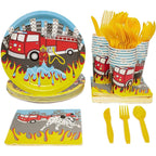 BLUE PANDA - Firetruck Birthday Party Decorations, Paper Plates, Napkins, Cups and Plastic Cutlery (Serves 24, 144 Pieces)
