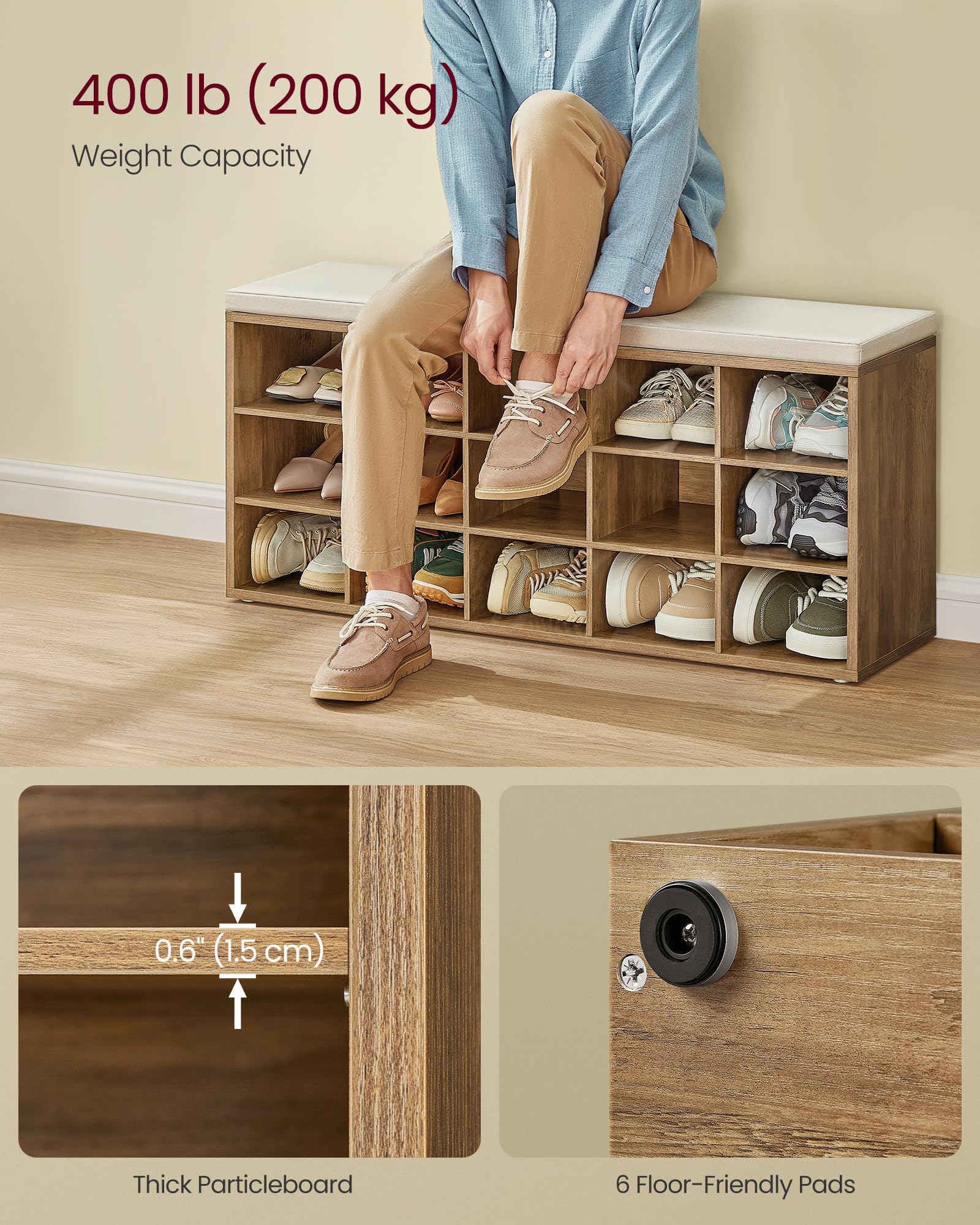 Vasagle Shoe Bench With Cushion, Storage Bench With Padded Seat, Entryway Bench With 15 Compartments, For Bedroom, 11.8 X 41.3 X 18.9 Inches, Honey Brown And Cappuccino Beige Ulhs015K02