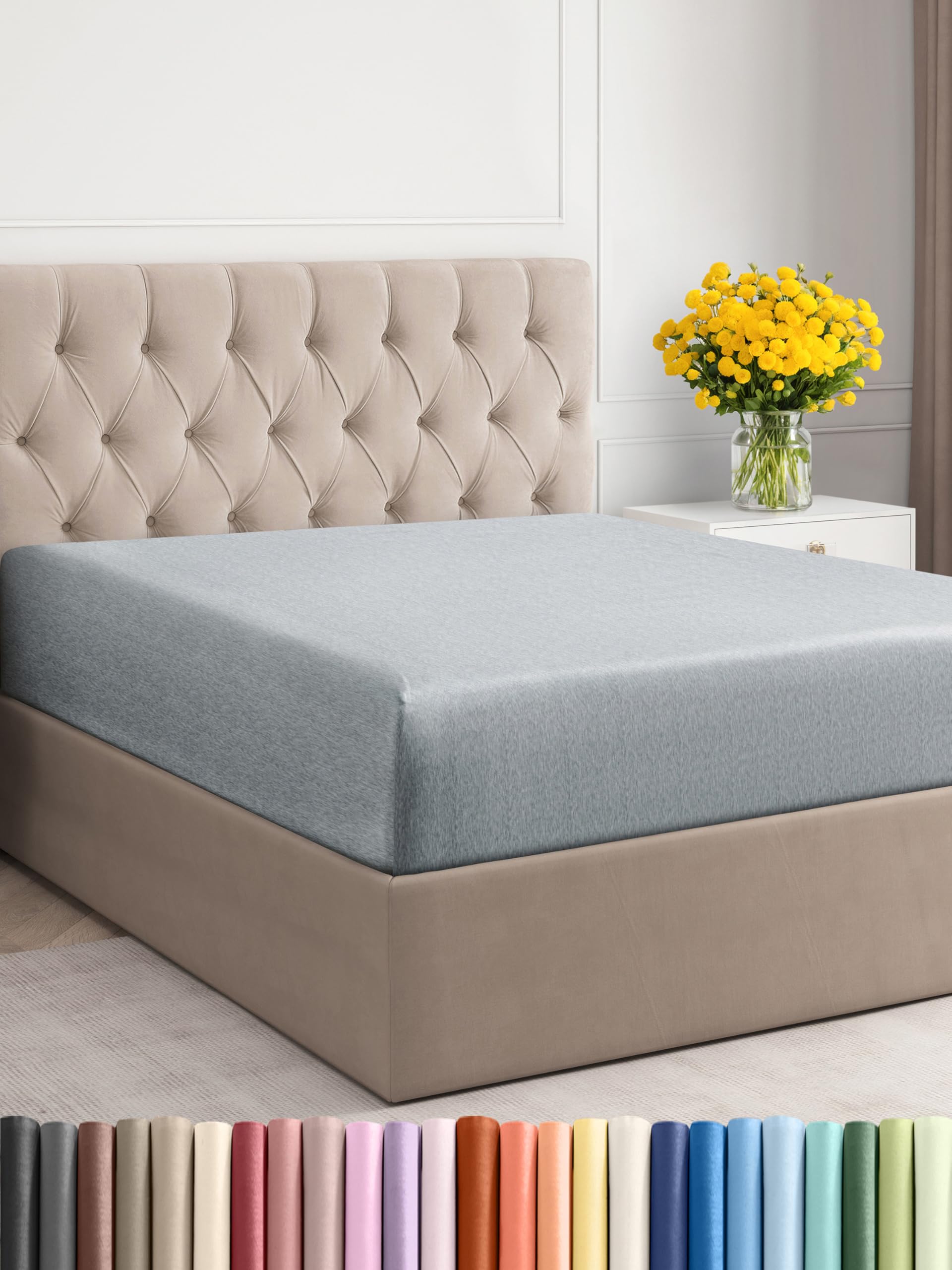 Full Size Fitted Bed Sheet - Hotel Luxury Single Fitted Sheet Only - Fits Mattress Up To 16 - Extra Soft, Wrinkle Free, Breathable Sheet - Bottom Fitted Sheet - Heathered Blue Single Fitted Sheet Only