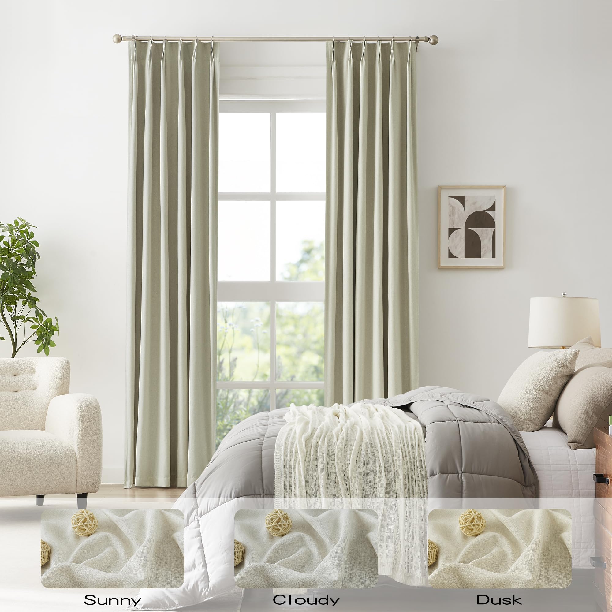 Dualife Pinch Pleated Curtains 102 Inch Length For Bedroom Living Room, Linen Boho 100% Blackout Thermal Back Tab Pinch Pleat Vi