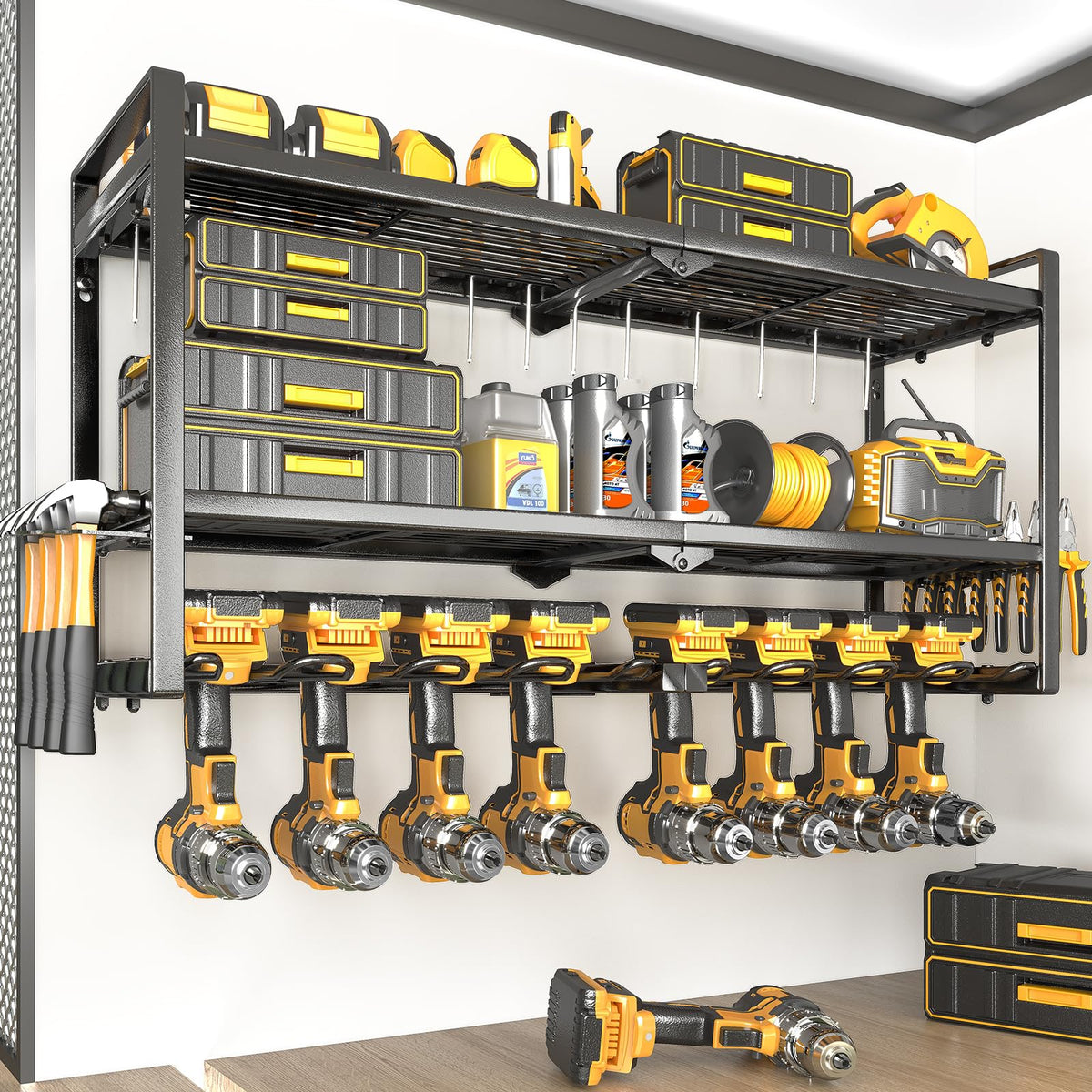 Soyeeze Power Tool Organizer,8 Drill Holder Wall Mount,3 Layer Power Tool Storage Rack,Garage Utility Tool Rack & Hanger With Sc