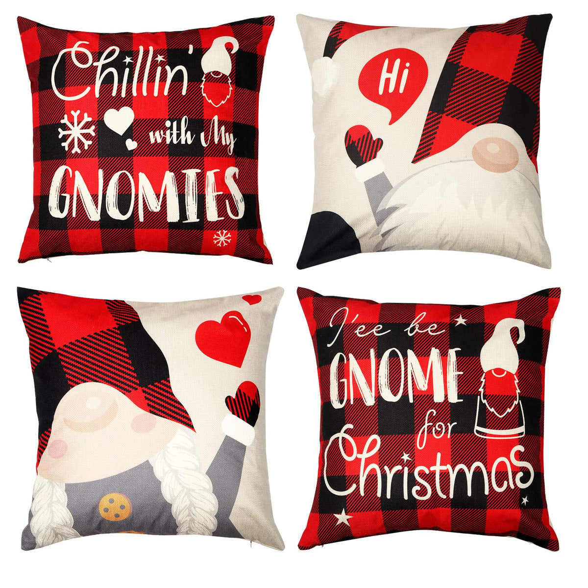 D-Fantix Set Of 4 Christmas Gnome Pillow Covers - Scandinavian Yule Santa Linen Cushions