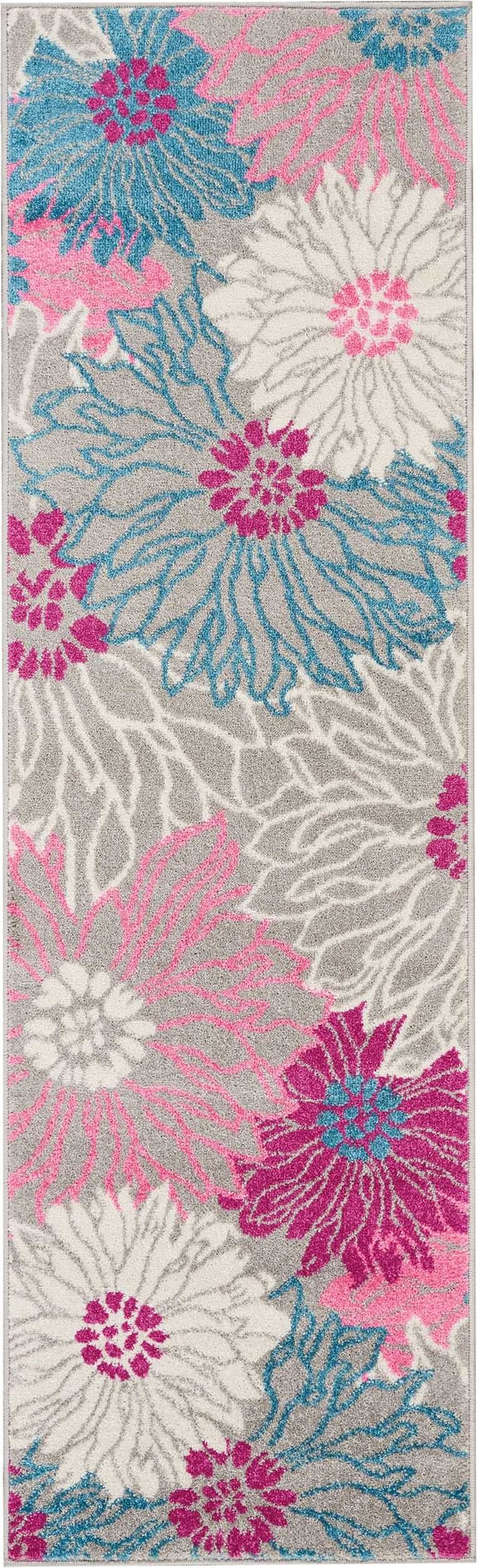 HomeRoots Grey 100% Polypropylene 2â?? x 6â?? Gray and Pink Tropical Flower Runner Rug