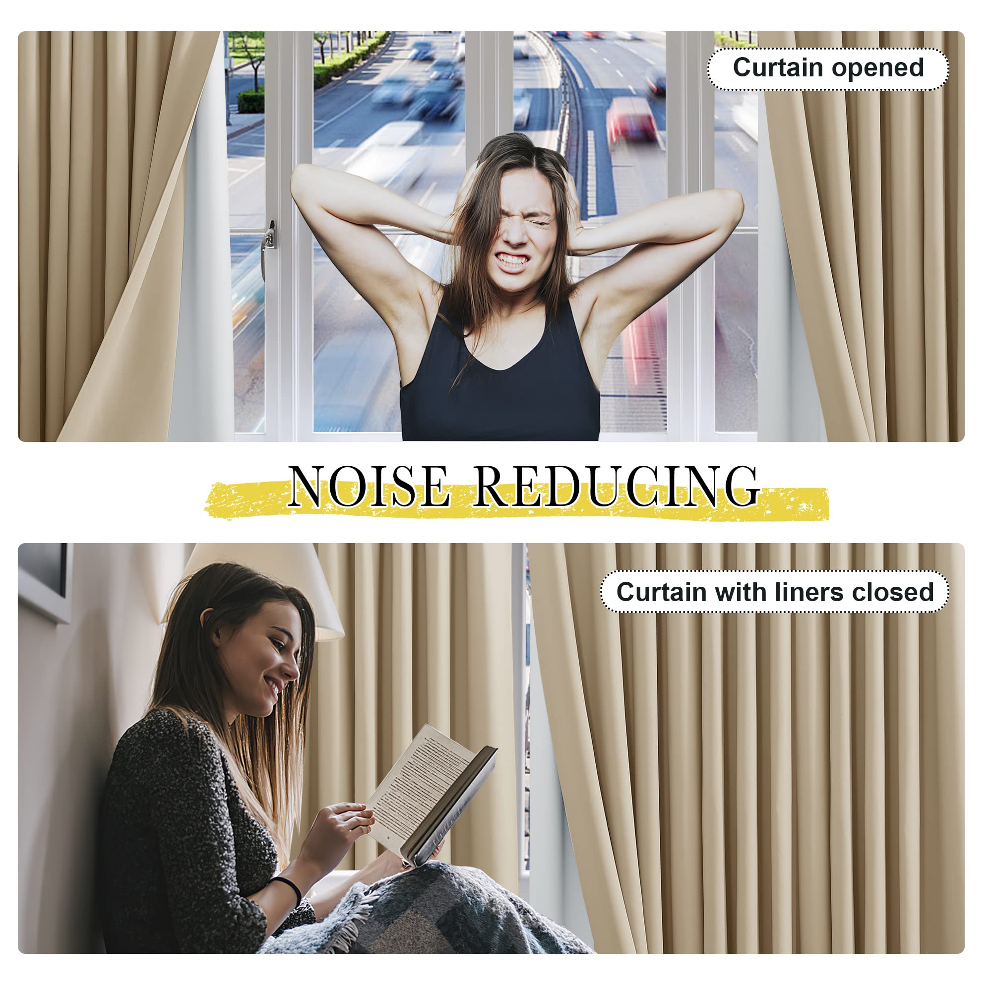 NICETOWN Blackout Curtain Liners - 34"W x 90"L, Greyish White, 2 Panels, Includes Hooks, for 95" Drapes