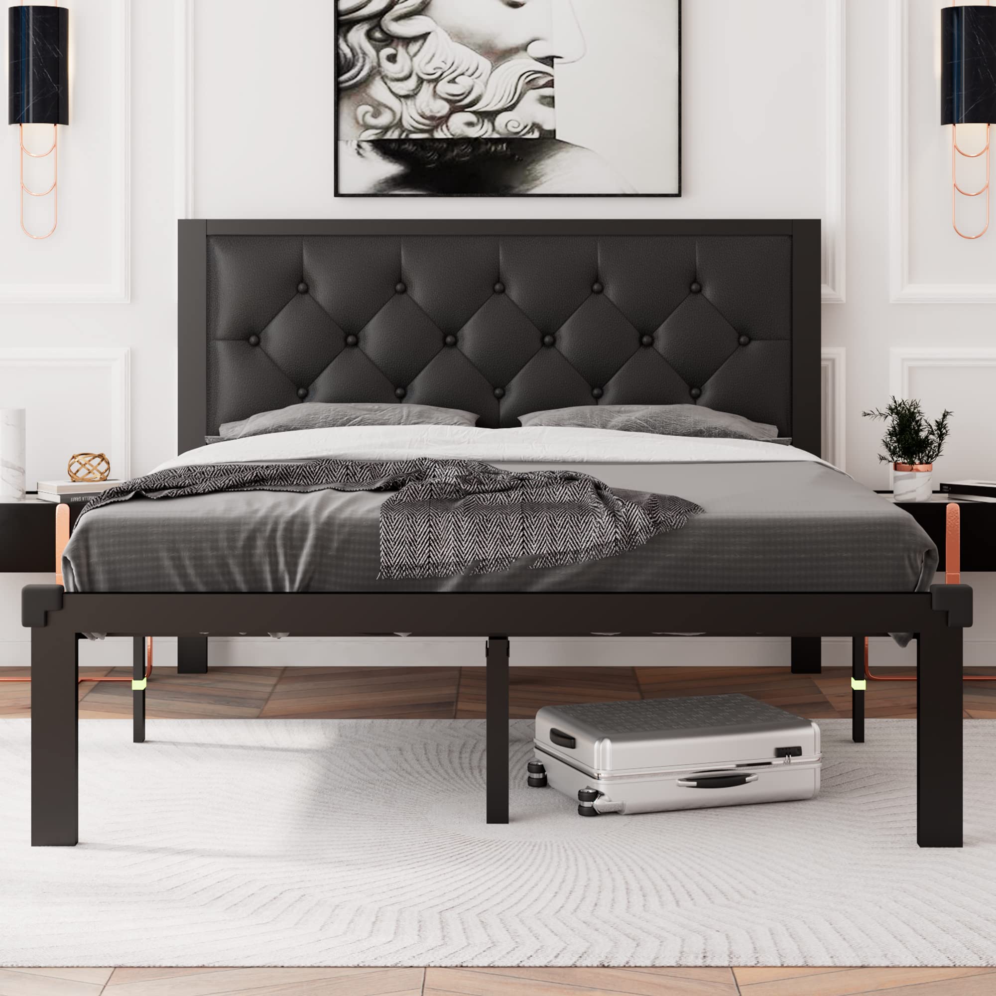 Feonase Full Size Metal Bed Frame With Faux Leather Button Tufted Headboard, Heavy-Duty Platform Bed Frame With 12' Storage, Steel Slats Support, No Box Spring Needed, Noise Free, Black