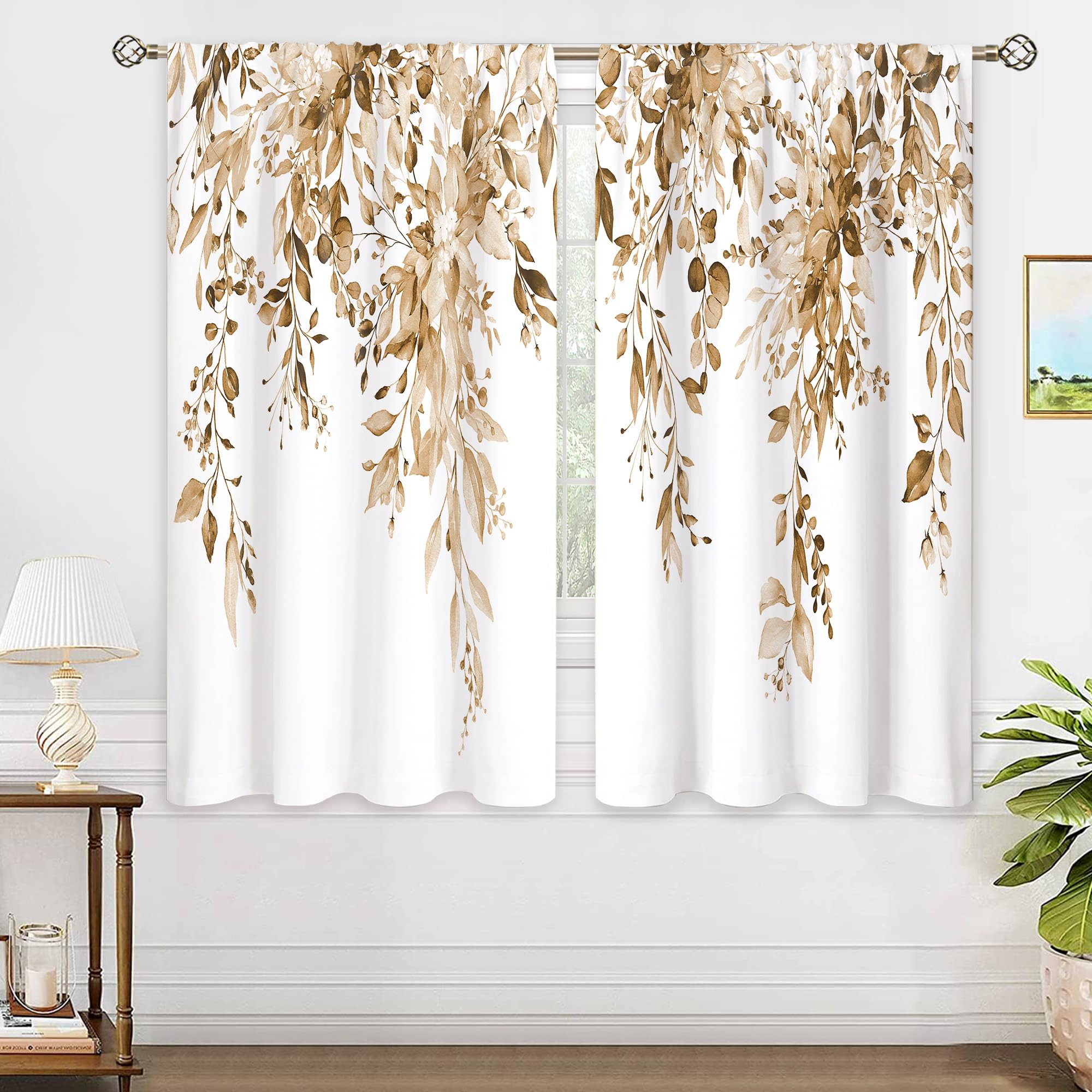 Oolygoo Tan Eucalyptus Botanical Leaves Floral Window Curtains Watercolor Yellow Flower Plant Wildflower Farmhouse Fall Curtain