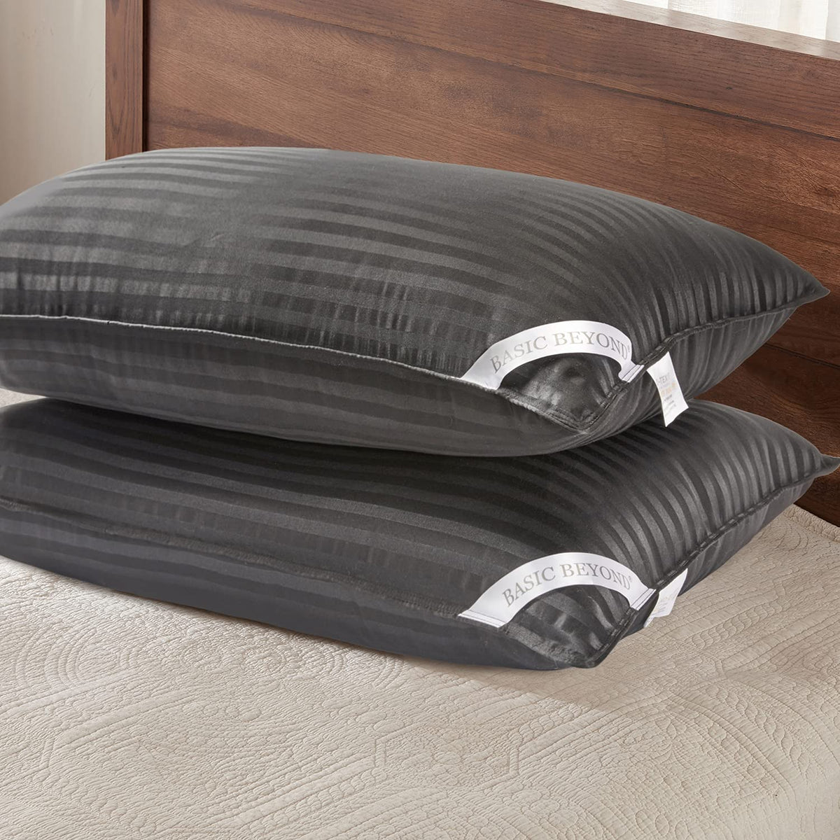 Basic Beyond Bed Pillows For Sleeping - Standard Size Pillows Set Of 2 - Luxury Hotel Collection Down Alternative Pillows, Black