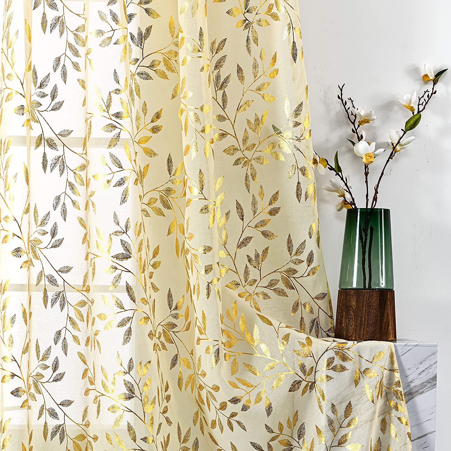 Sutuo Home Beige Sheer Curtains 72 Inch Length 2 Panels Set, Gold Foil Print Metallic Bronzing Leaves, Privacy Voile Window Trea