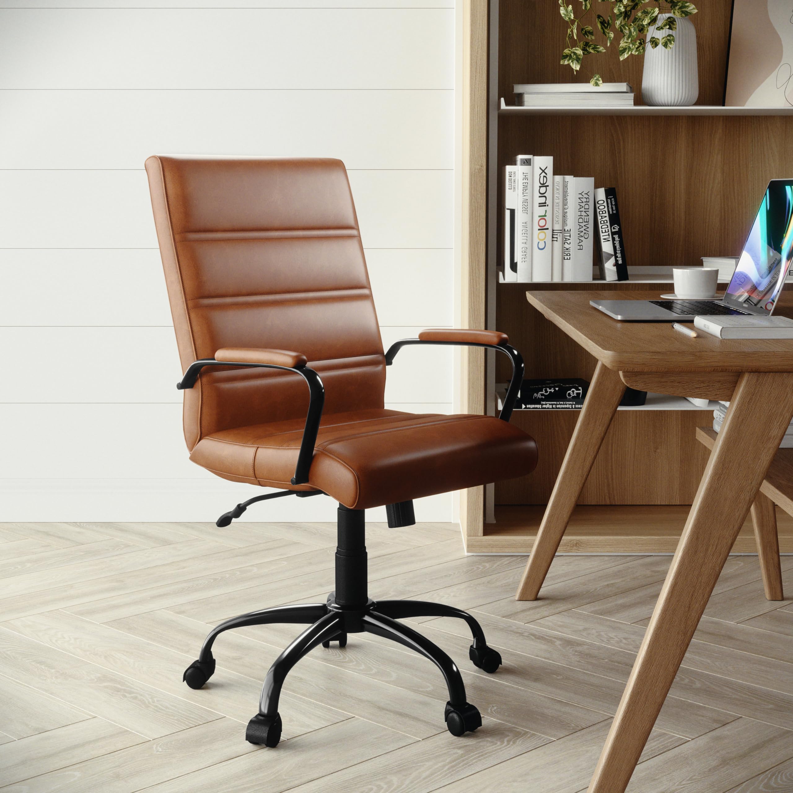 Flash Furniture Whitney Mid-Back Swivel Leather Desk Chair with Padded Seat and Armrests, Adjustable Height Padded Leather Office Chair, Brown/Black