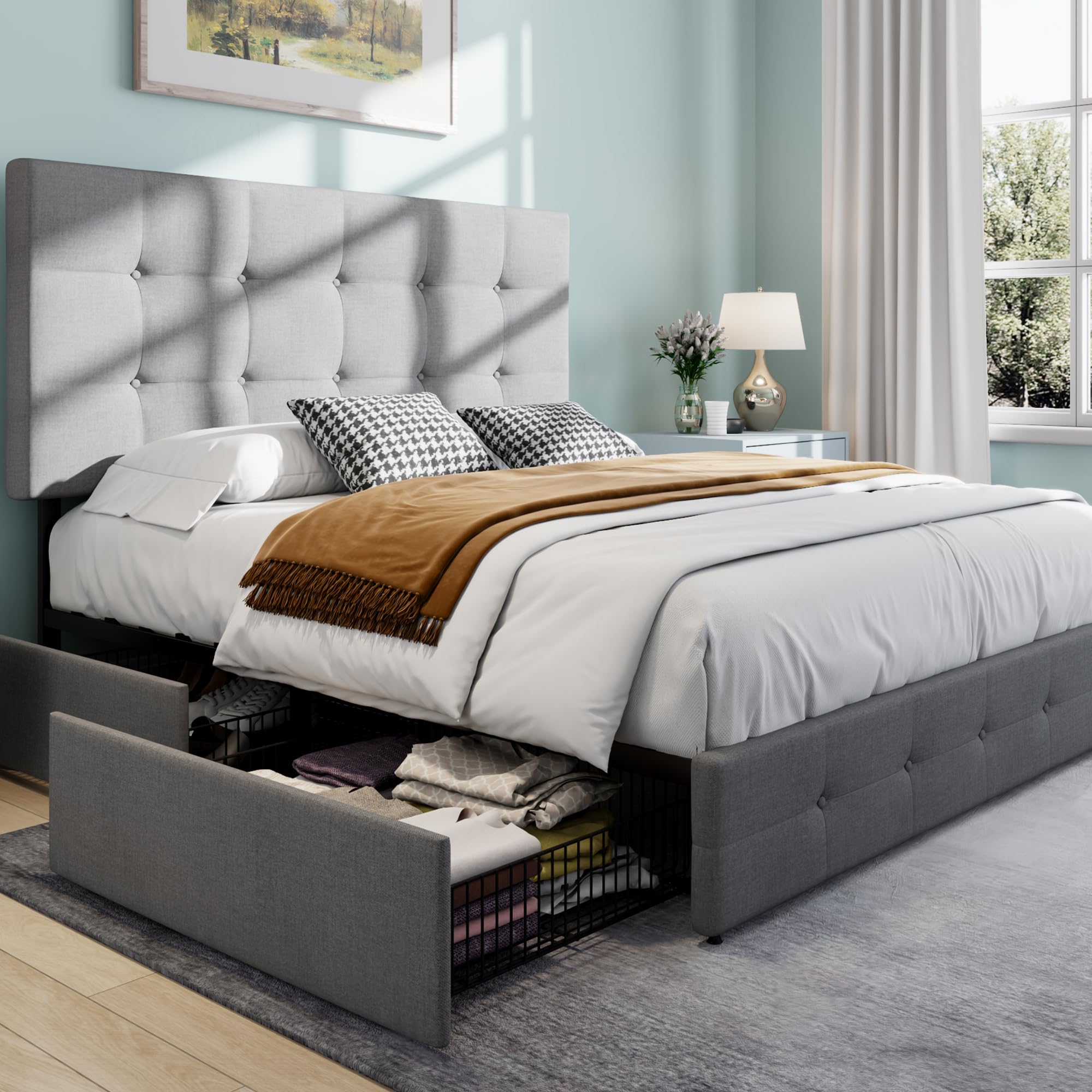 SHA CERLIN Upholstered Queen Platform Bed Frame with Adjustable Headboard and 4 Drawers Under Bed Storage, No Box Spring Needed,