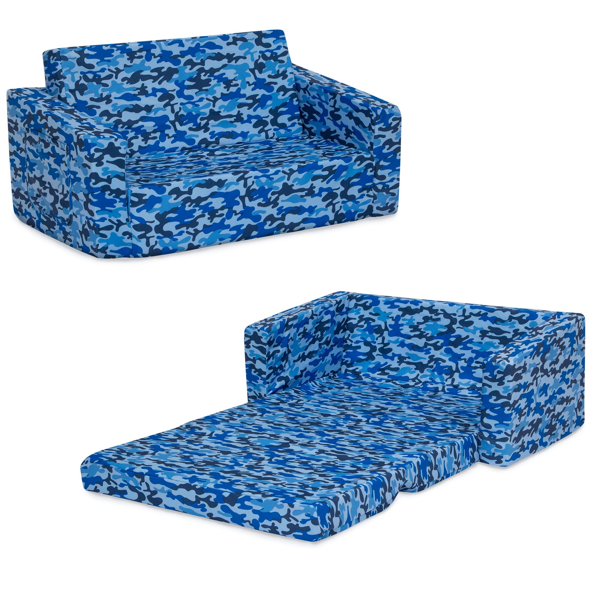 Delta Children Cozee 2-In-1 Extra Wide Convertible Sofa To Lounger-Comfy Flip Open Couch/Sleeper For Kids, Blue Camo
