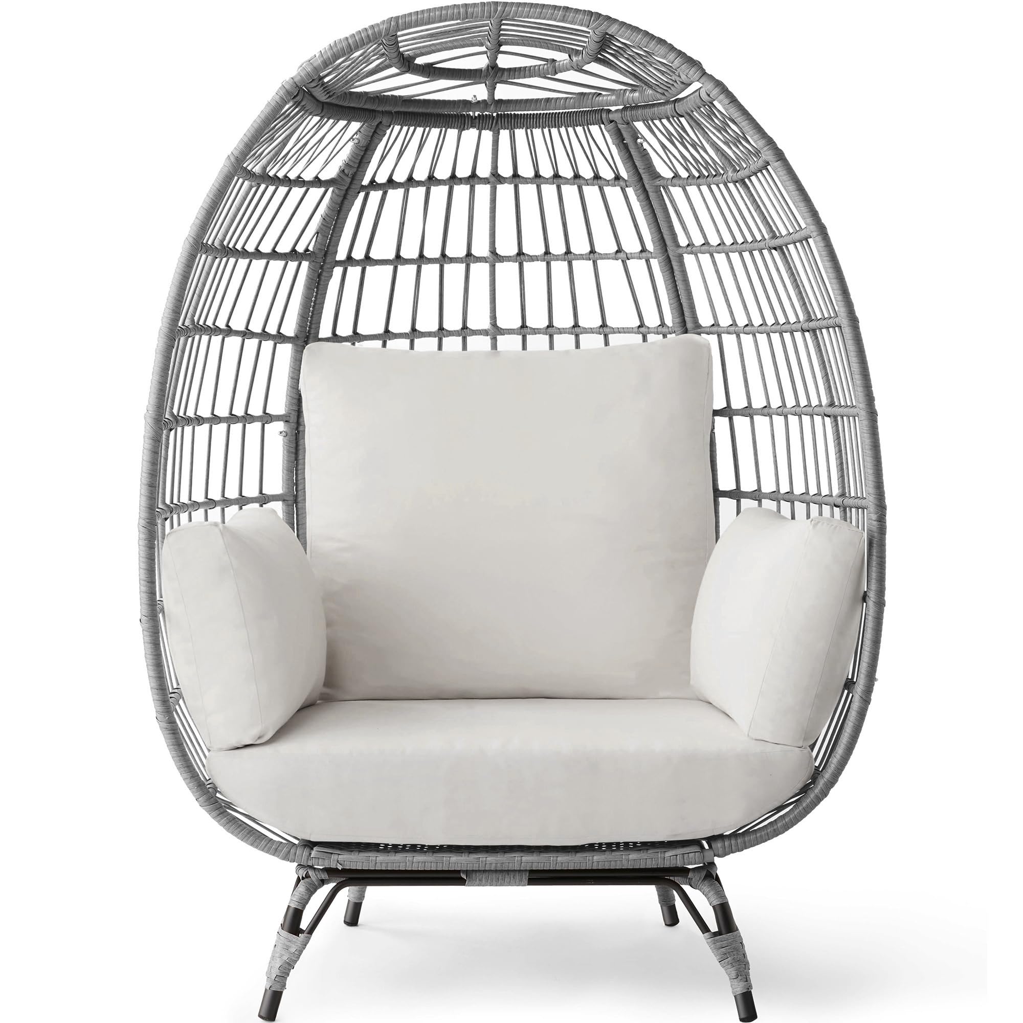 Best Choice Products Wicker Egg Chair, Oversized Indoor Outdoor Lounger For Patio, Backyard, Living Room W/ 4 Cushions, Steel Frame, 440Lb Capacity - Gray/White Sand