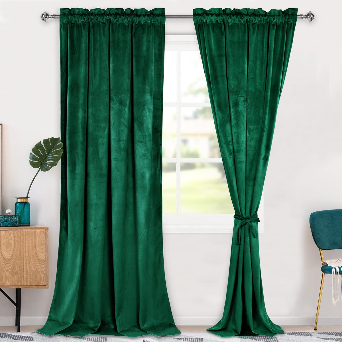 Hiasan Green Velvet Curtains 96 Inches-Blackout Thermal Insulated Solid Soft Curtains For Bedroom Living Room Rod Pocket Room Da