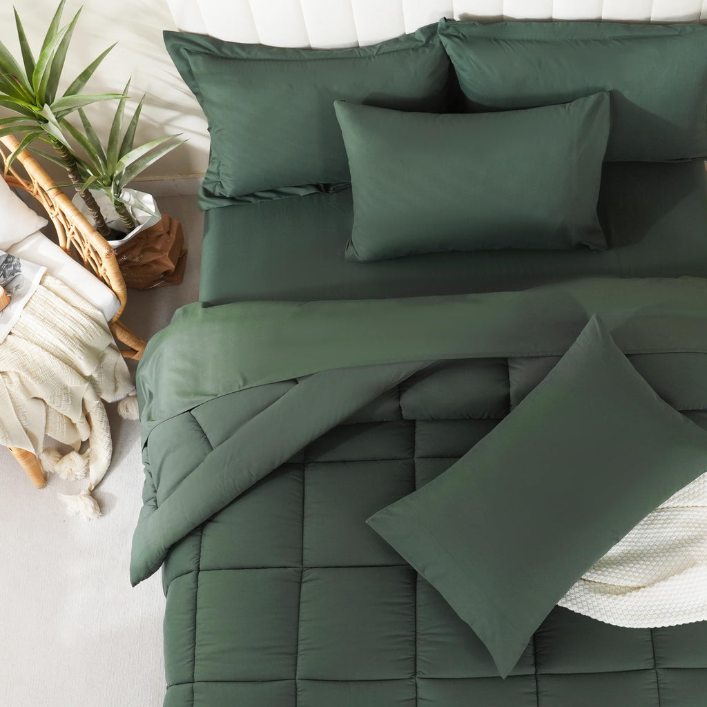 Downcool Queen Comforter Set, 7Pcs Bedding Sets Queen Sage Green, All Season Down Alternative Bed In A Bag Queen With Comforter,