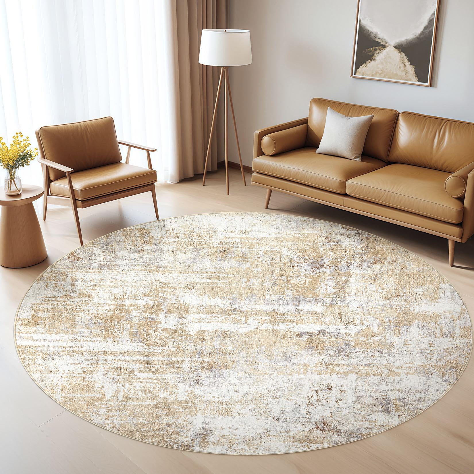 Round Rug Living Room Rugs: 6Ft Washable Circle Large Abstract Modern Soft Stain Resistant Non Slip Indoor Floor Carpet for Bedr