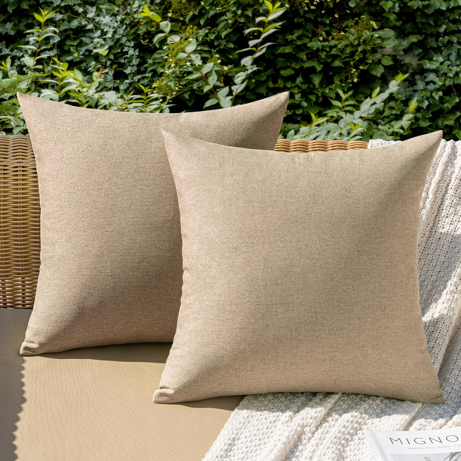 MIULEE Pack of 2 Decorative Outdoor Solid Waterproof Throw Pillow Covers Faux Linen Garden Farmhouse Cushion Cases for Patio Ten
