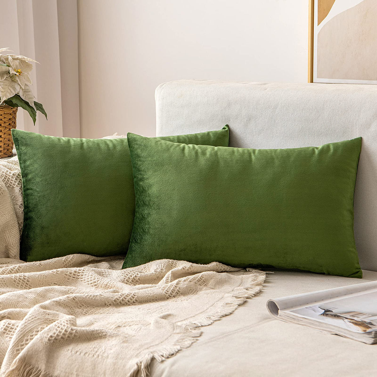 Miulee Pack Of 2 Moss Green Velvet Throw Pillow Covers 12X20 Inch Soft Solid Decorative Set Lumbar Cushion Cases For Spring Couc