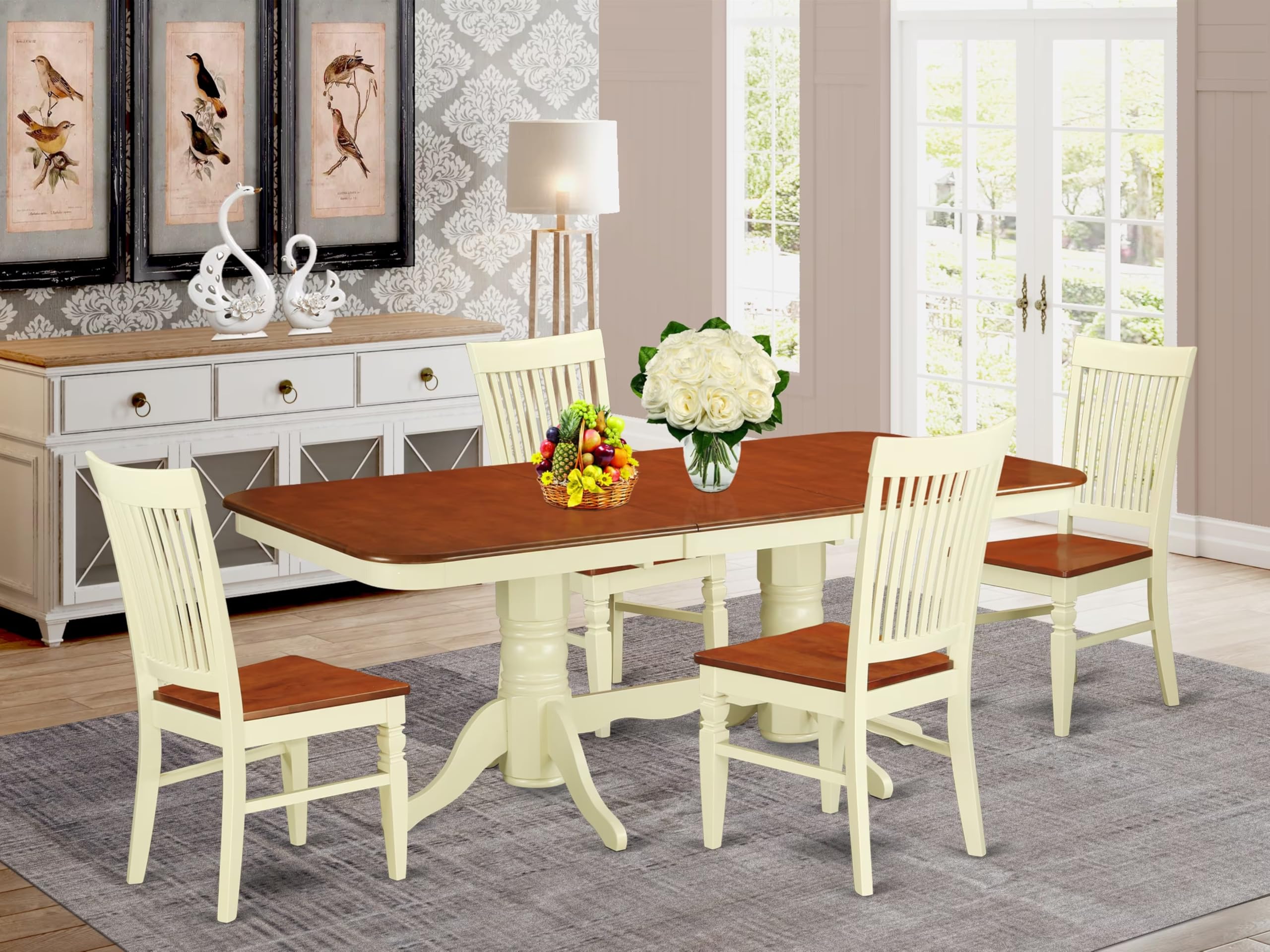 East West Furniture NAWE5-BMK-W 5 Piece Modern Dining Table Set Includes a Rectangle Wooden Table with Butterfly Leaf and 4 Dining Room Chairs, 40x78 Inch, Buttermilk & Cherry