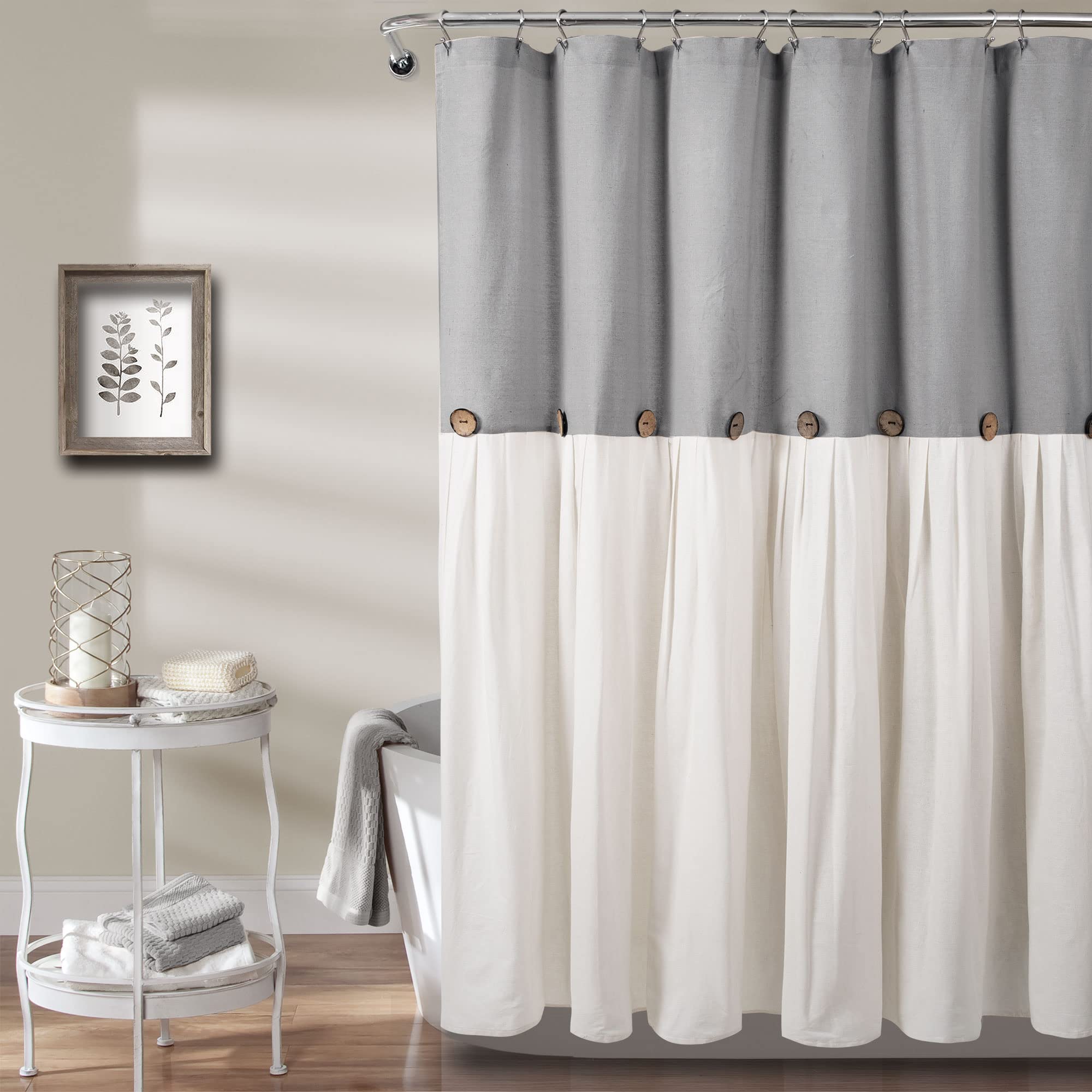 Lush Decor Linen Button Farmhouse Shower Curtain, 72' W X 78' L, Gray & Off White - Pleated Color Block Design With Coconut Bu