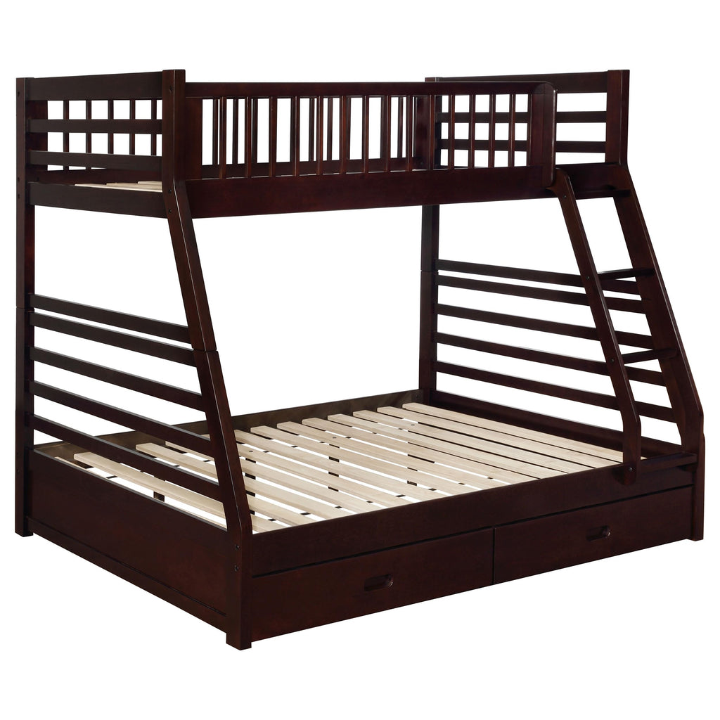 Coaster Home Furnishings Ashton Transitional Wood Twin Over Full Size Bunk Bed Frame with Ladder and Guardrails with Two Storage Drawers Fully Slatted Mattress Ready Foundation Cappuccino 460184