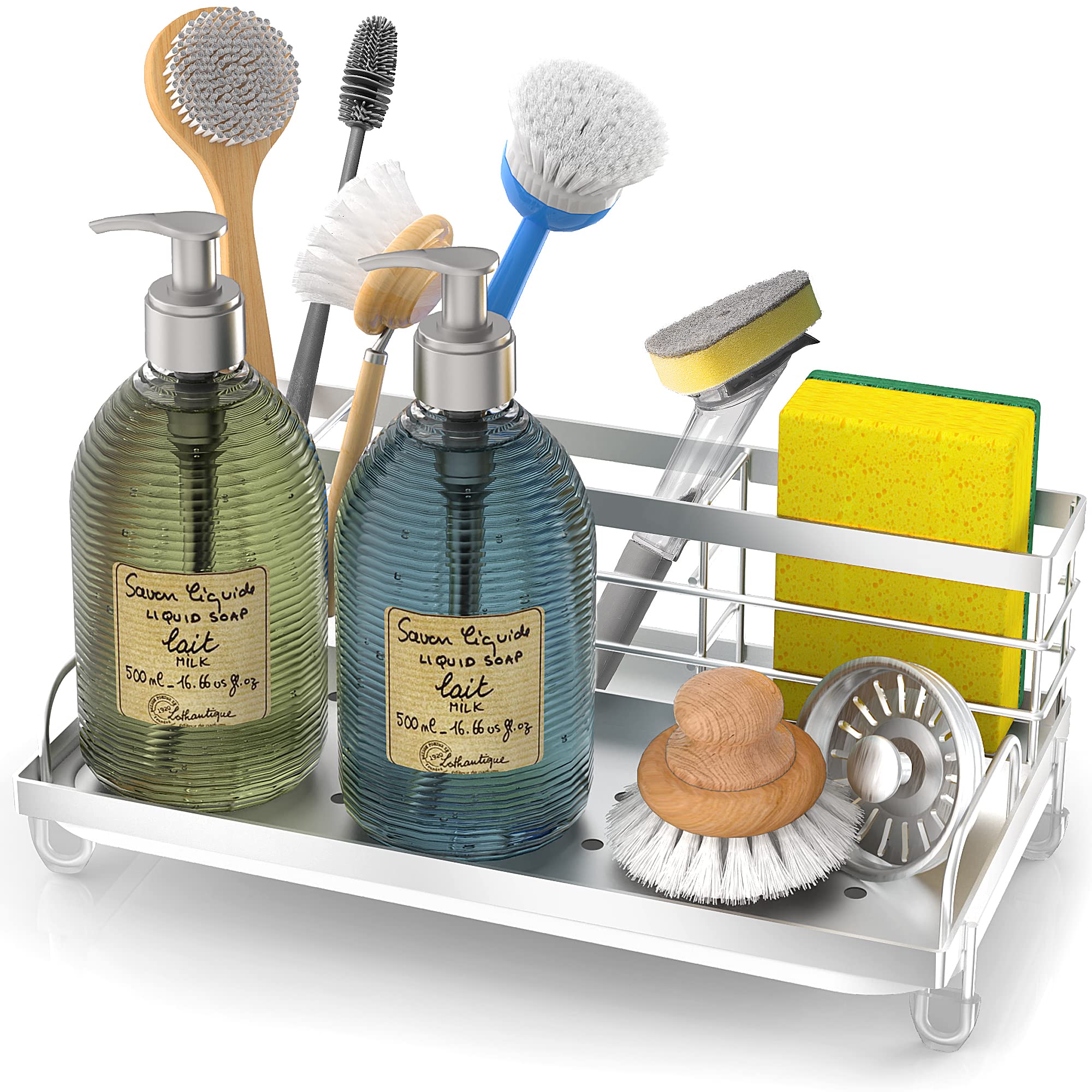 Cisily Kitchen Sink Caddy Organizer, Rustproof Non-Slip Soap Dish Dispenser Brush, Sponge Holder for Kitchen Sink, Kitchen Organ