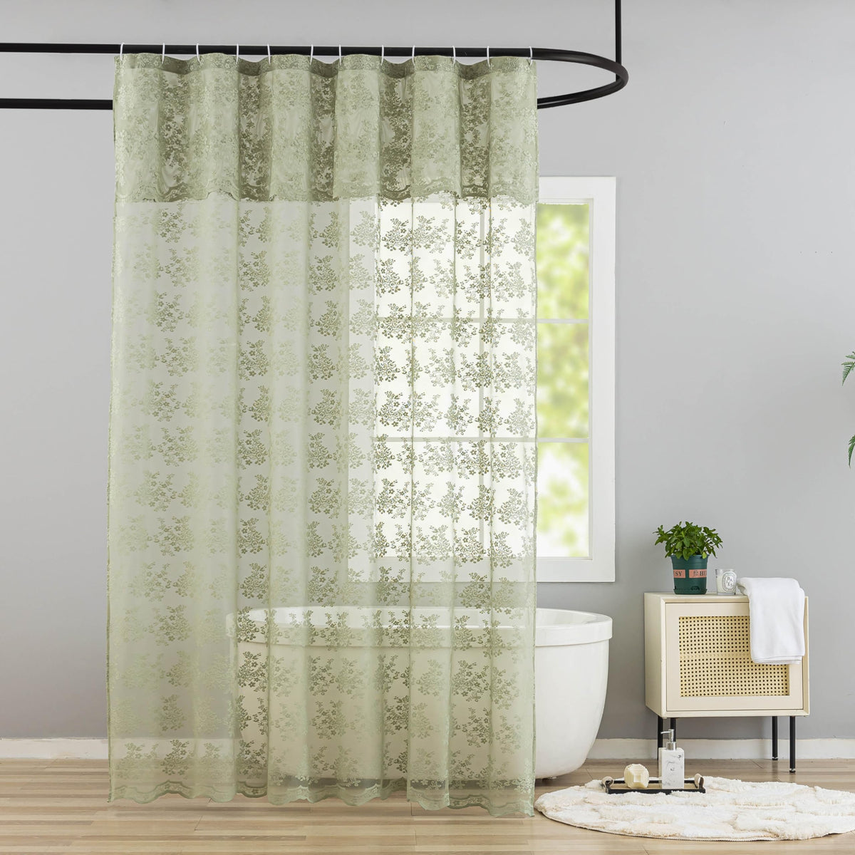 Yj Yanjun Sage Green Shower Curtain For Bathroom, Rustic Floral Lace Sheer Shower Curtain With Attached Valance, Scalloped Edge