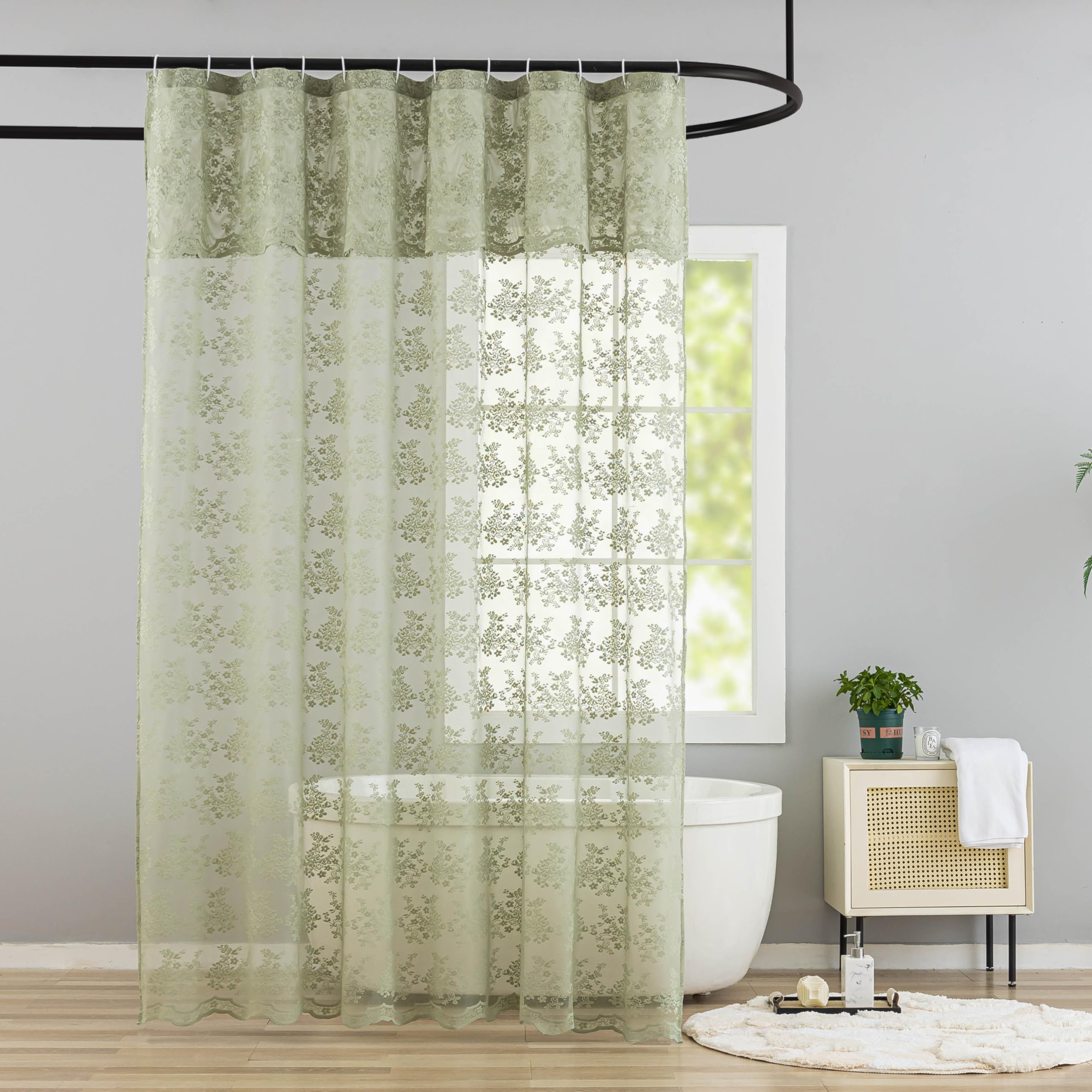 Yj Yanjun Sage Green Shower Curtain For Bathroom, Rustic Floral Lace Sheer Shower Curtain With Attached Valance, Scalloped Edge