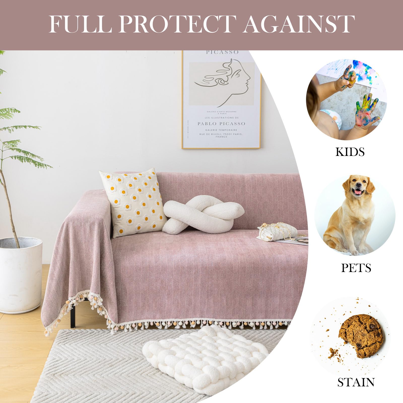 Handontime Soild Couch Covers For Dogs Pink-Purple Sofa Covers Boho Cover For Sofa 3 Seats Chenille Sofa Throw Cover Mauve Sofa Covers For 3 Cushion Couch Tassel Sofa Cover, 71' X134'