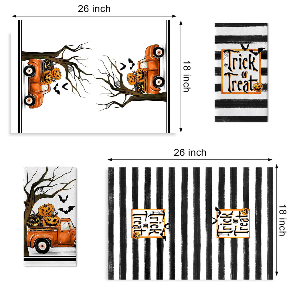 Seliem Halloween Trick Or Treat Kitchen Dish Towels Set Of 2, Jack O Lantern Pumpkin Truck Hand Towels Stripes Drying Baking Coo