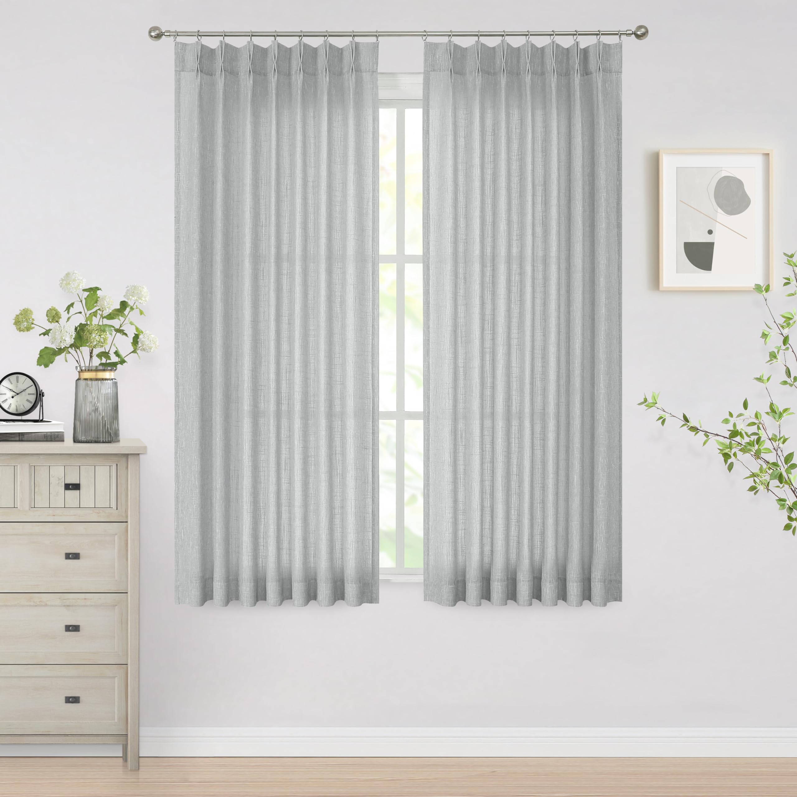 Vision Home Gray Pinch Pleated Semi Sheer Curtains Textured Light Filtering Window Curtains 72 Inches For Living Room Bedroom Si