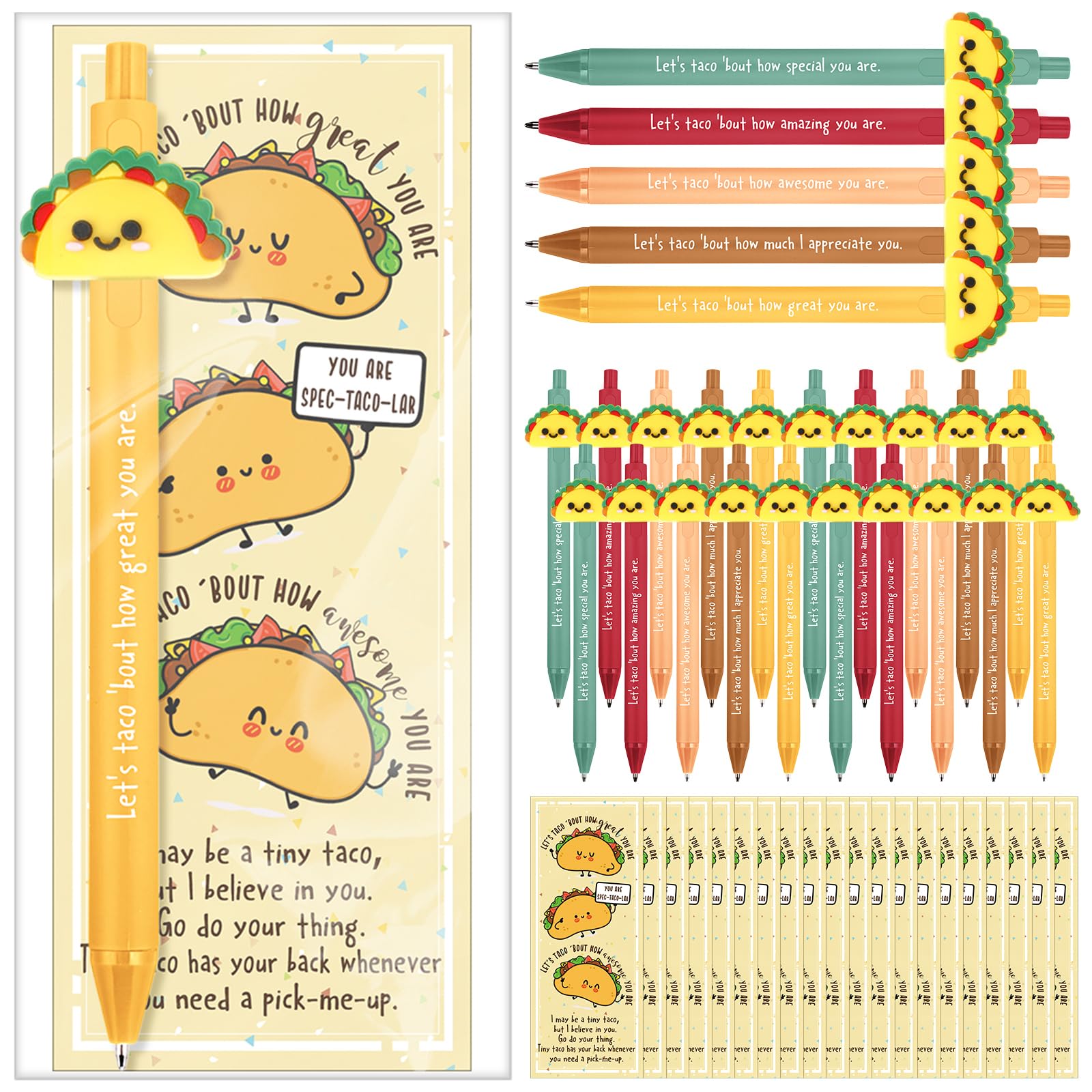 Sayglossy 20 Set Positive Taco Gift Funny Emotional Support Taco Ballpoint Pen with Inspirational Bookmark Christmas Employee Ap