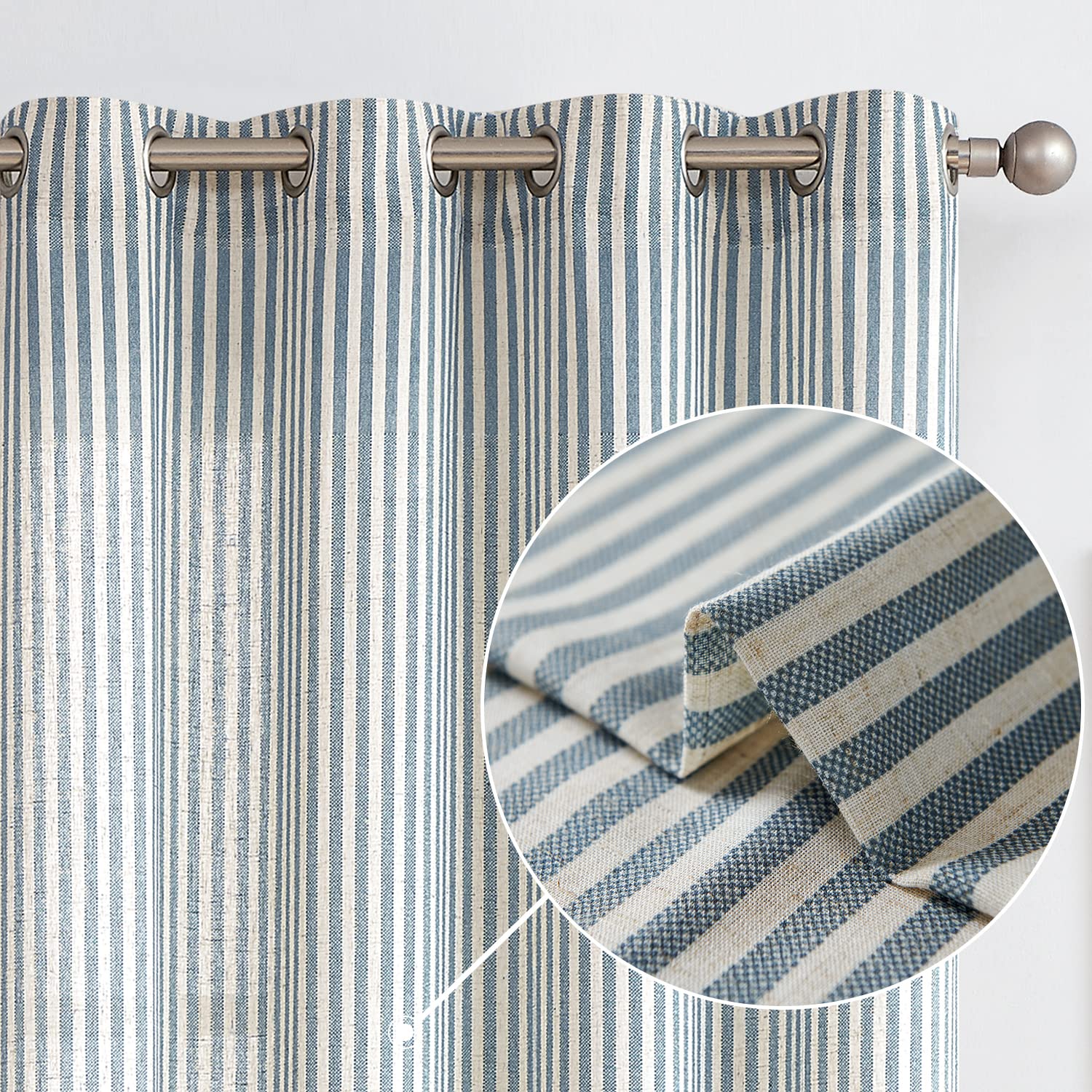 Vangao Blue Stripe Linen Curtains 63 Inch Length Farmhouse Pinstripe Curtains Light Filtering Tickingstripe Printed on Beige Dra