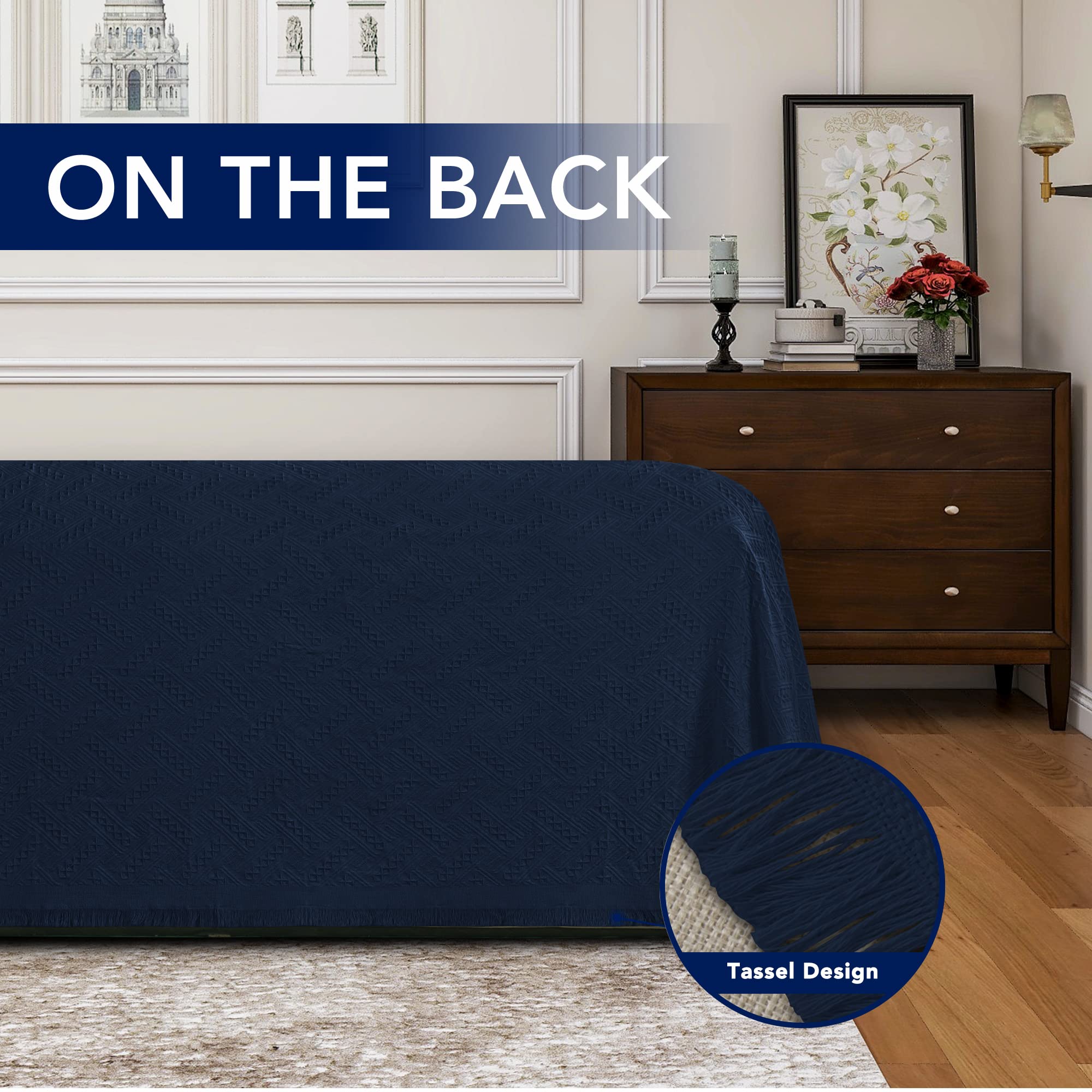 Purefit Geometric Jacquard Throw Sofa Cover - Textured Soft Washable Decorative Couch Covers For 3 Cushion Couch, Throw Cover With Tassels Furniture Protector For Pets, Kids (Small, Navy)