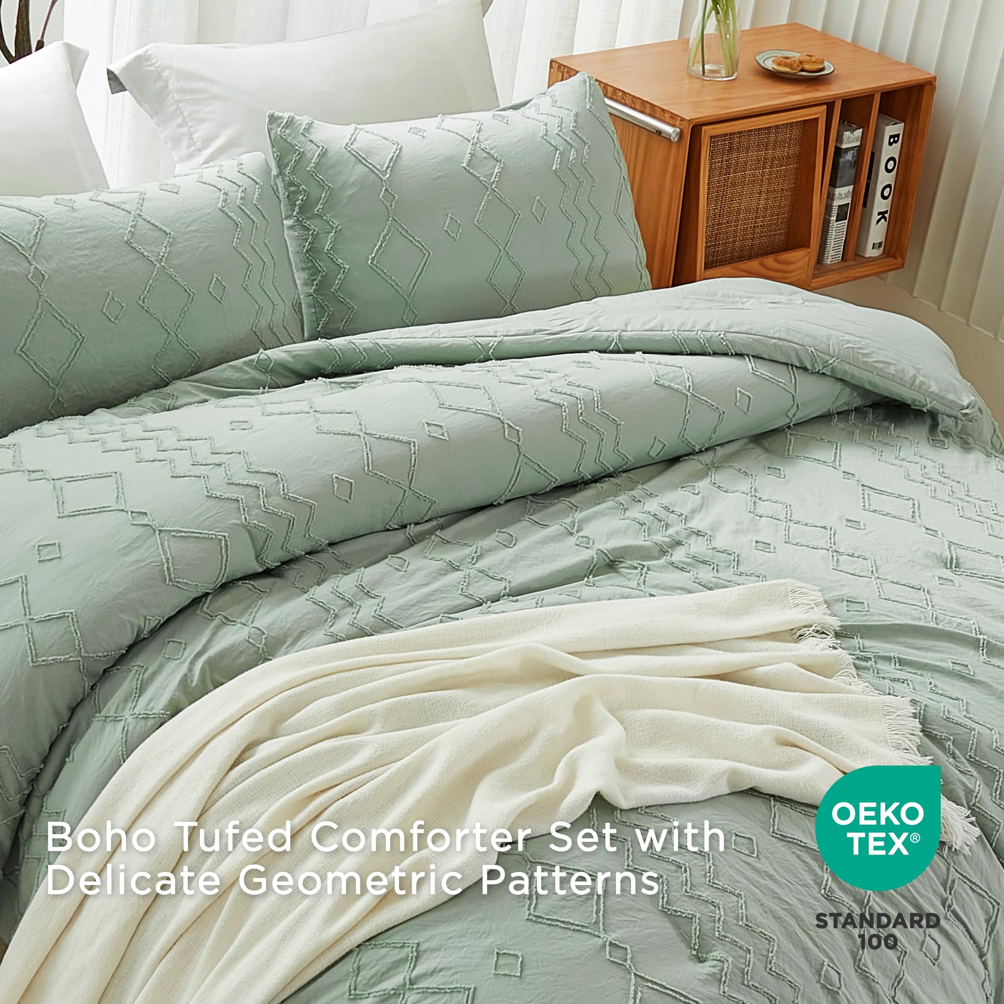 Andency Sage Green Tufted Comforter Set Queen(90X90Inch), 3 Pieces(1 Tufts Comforter, 2 Pillowcases) Boho Textured Farmhouse Comforter, Microfiber Down Alternative Geometric Comforter Bedding Set