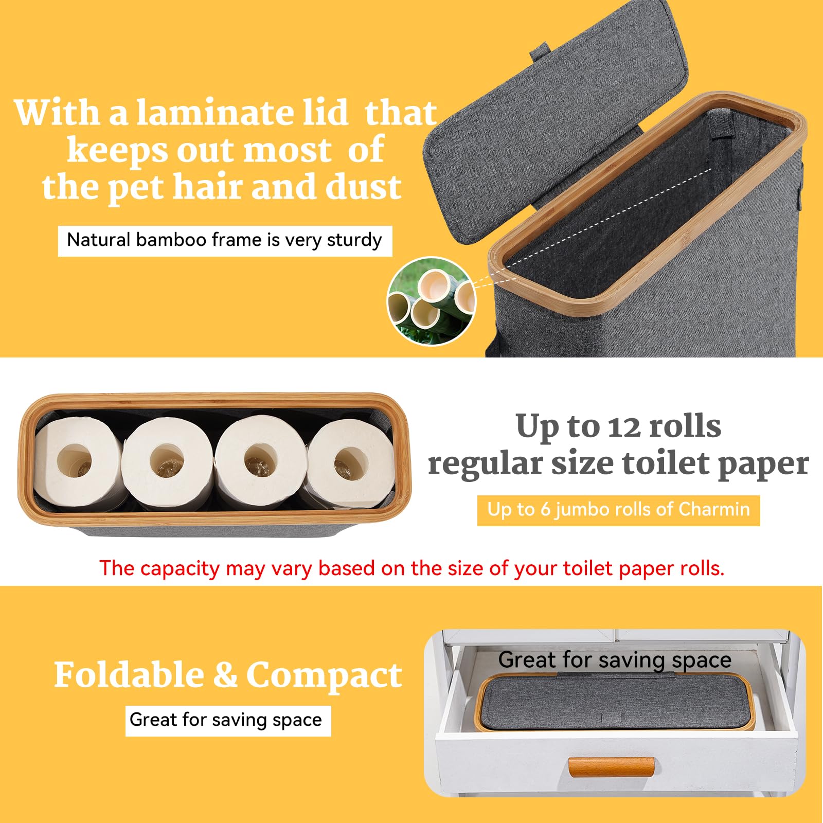 Toilet Paper Storage Basket With Lid, Bamboo Toilet Paper Storage Holder Stand Organizer For Bathroom, Toilet Paper Storage Box