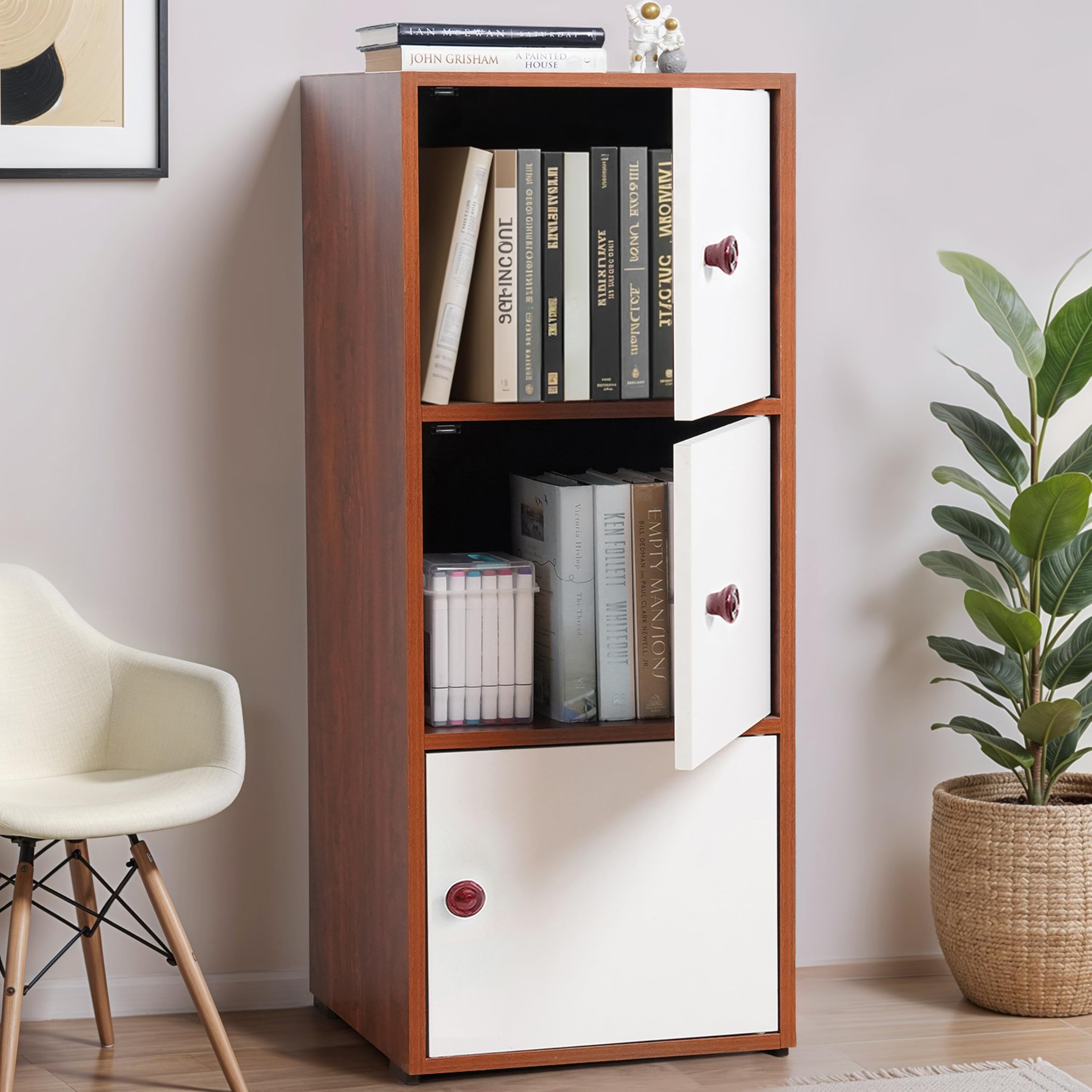 About Space Wooden Book Rack  3 Tier Storage Cabinet For Living Room With Magnetic Door, Space Saving Book Self For Home, Engin