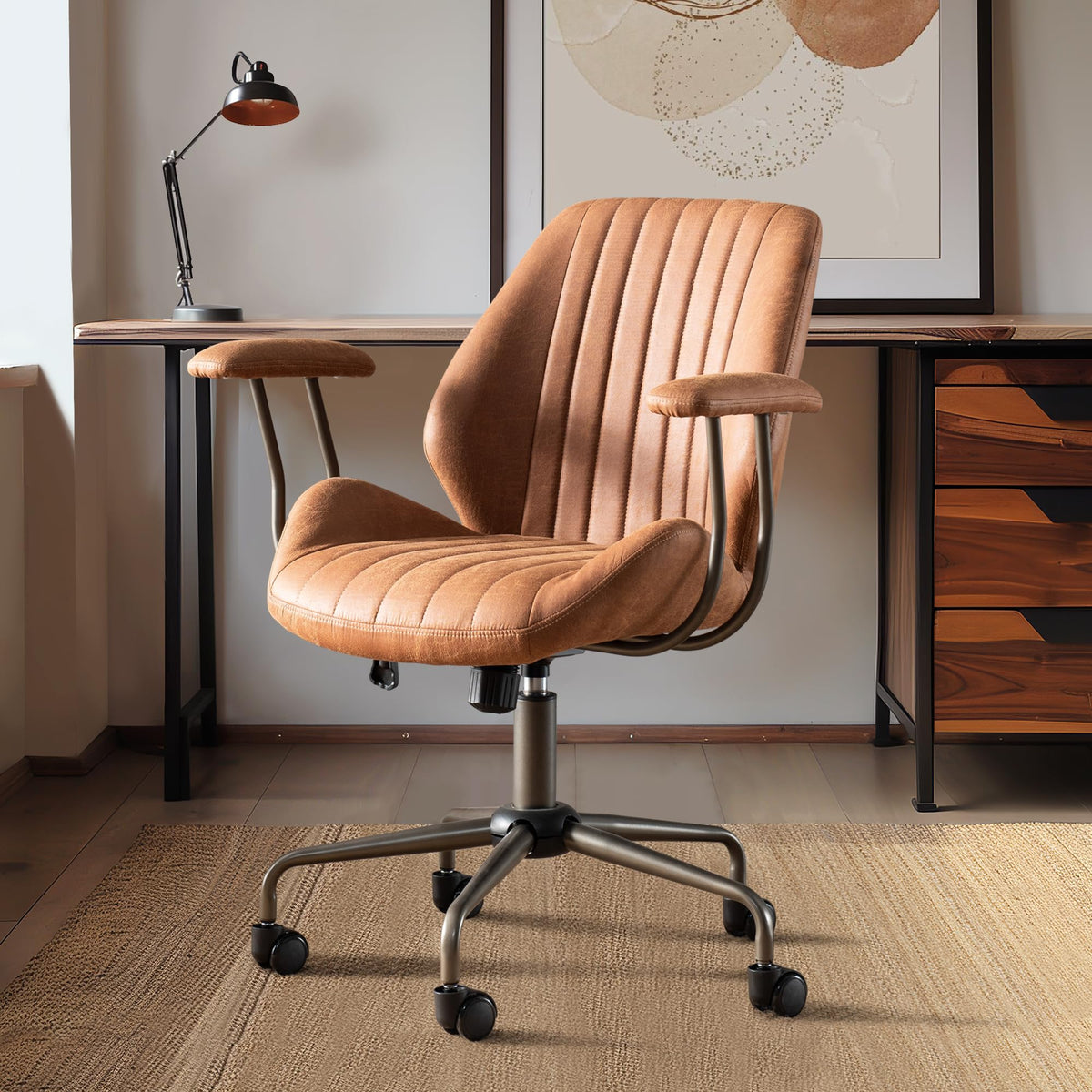 Mid Century Modren Office Chair,Mid Back Ergonomic Executive Chair With Lumbar Support, Computer Desk Swivel Task Chair With Whe