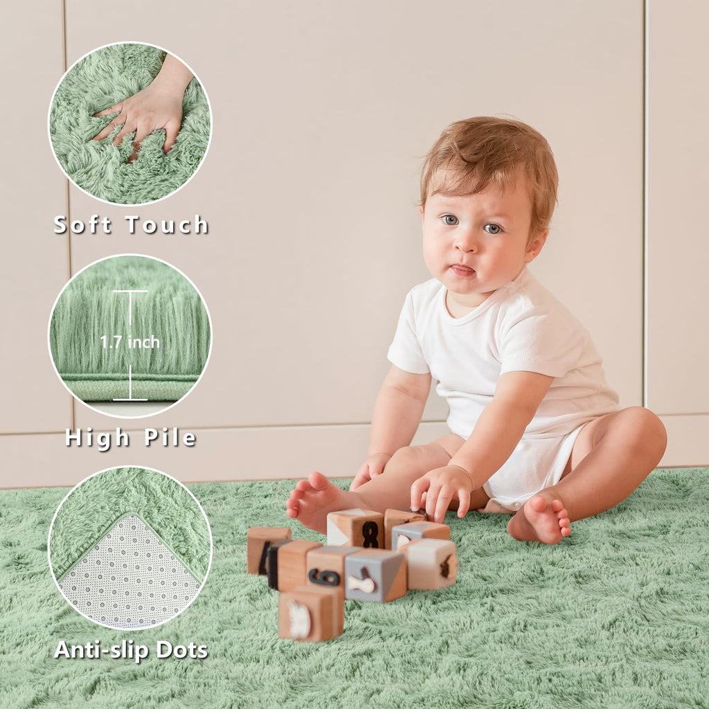 Larhom Fluffy Fuzzy Sage-Green Rugs For Bedroom, 4X6 Feet Soft Non Slip Plush Area Rug For Living Room, Kids Room, Indoor Modern