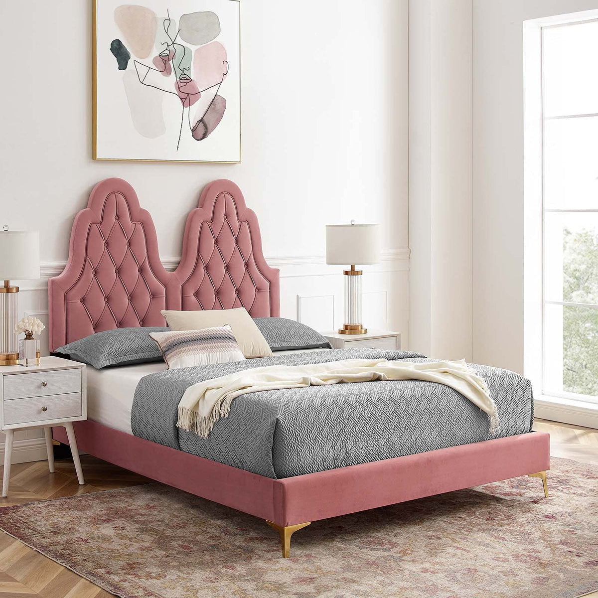 Modway Alexandria Tufted Performance Velvet Platform Bed with Gold Legs, Full, Dusty Rose