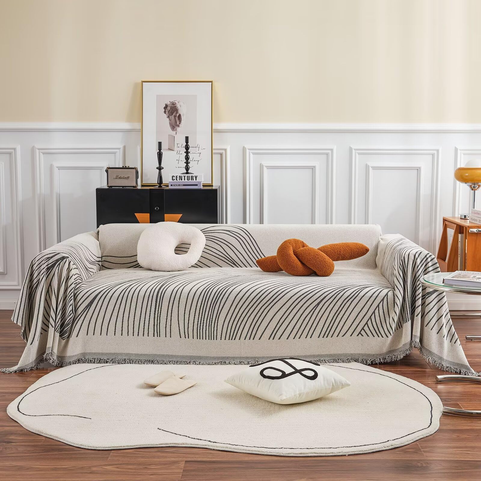 VClife Boho Couch Cover Warm Chenille Sofa Slipcover Modern Beige Gray Stripe Sofa Protector for Dog Cat Washable Non Slip L Sha