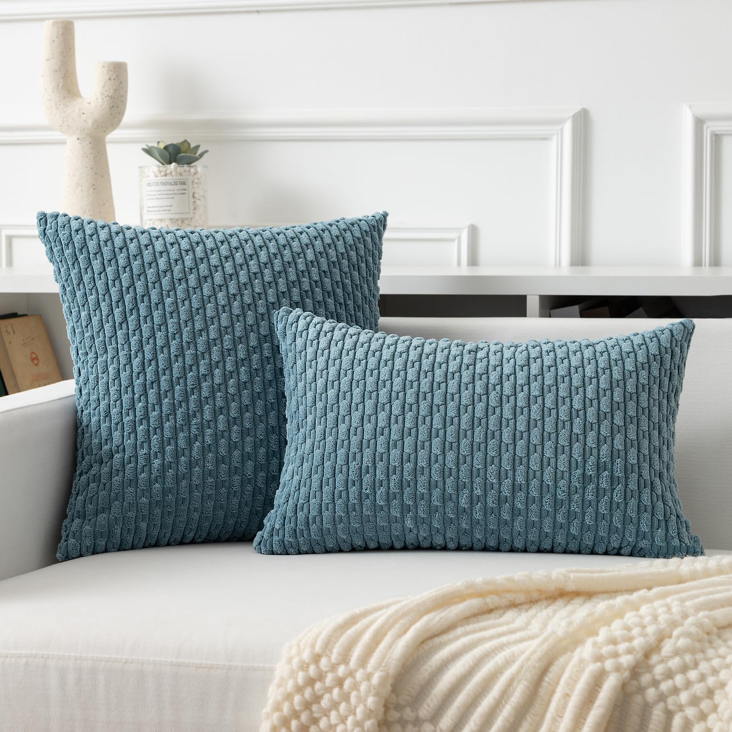Kevin Textile Throw Pillow Covers Soft Corduroy Decorative Set Of 2 Boho Striped Pillow Covers Pillowcases Farmhouse Home Decor For Couch Bed Sofa Living Room 18X18 Inch Blue Grey