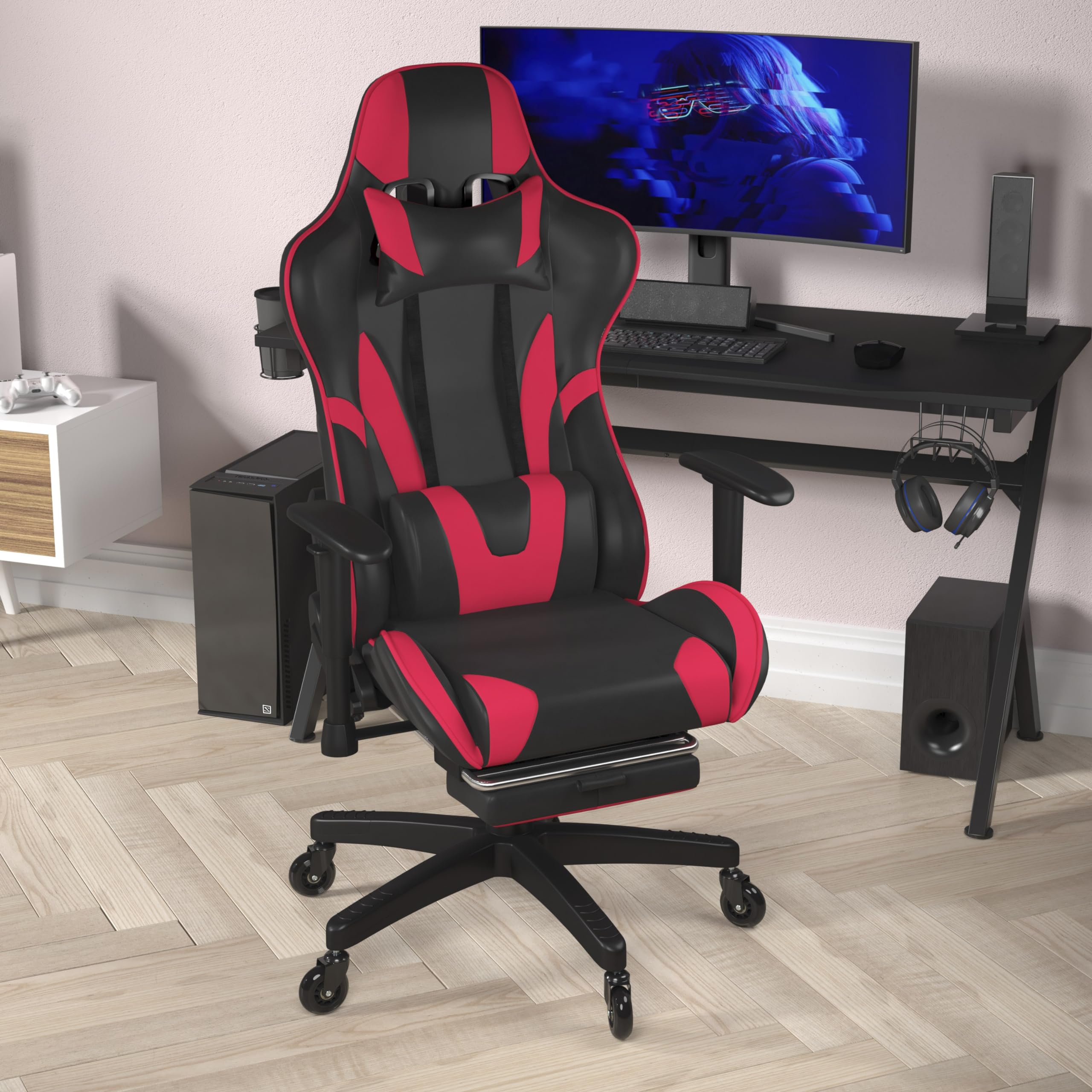 Flash Furniture X30 Gaming Chair Racing Computer Chair - Red Leathersoft Upholstery - Reclining Back - Slide-Out Footrest - Roller Wheels