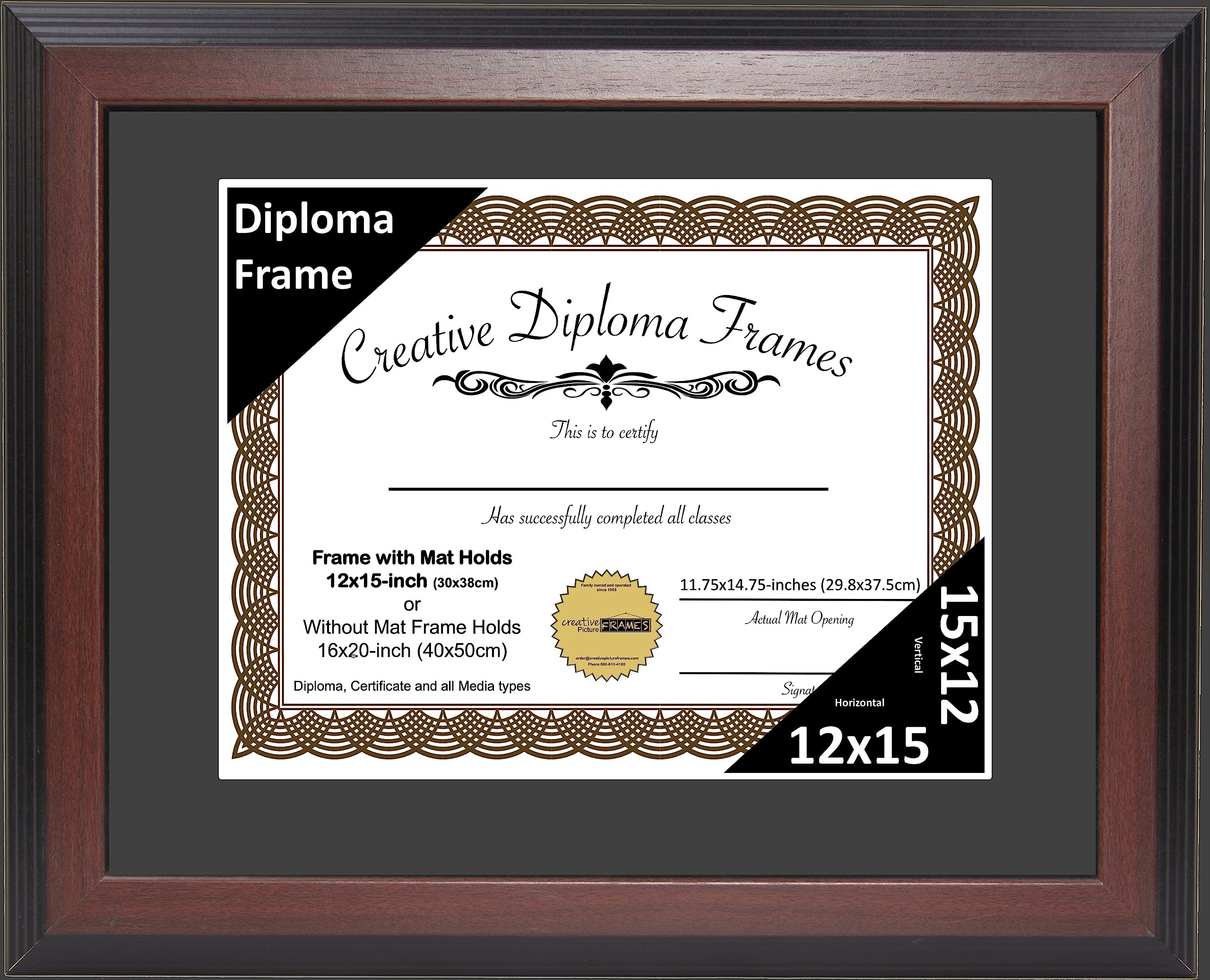 Creative Picture Frames 12x15 Mahogany Finish Diploma Frame with Black Matting Holds 12 by 15-inch Documents with Glass and inst