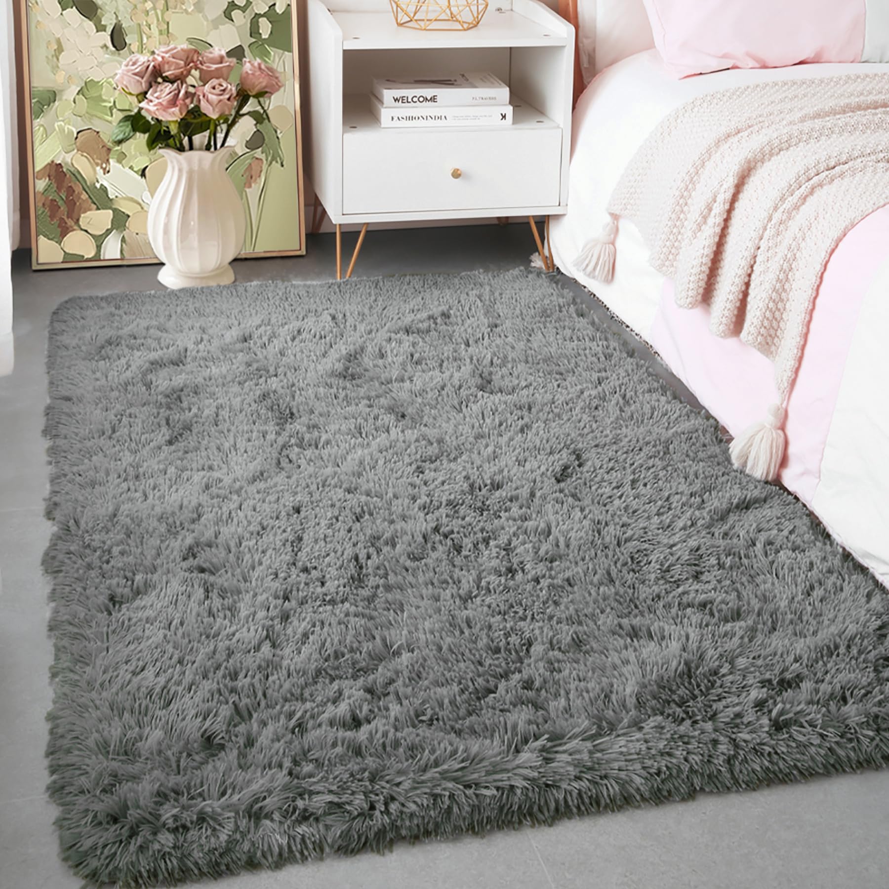 KCHOWUA 6x9 Rug for Living Room Fluffy Rugs Grey Rug for Bedroom Soft Shag Plush Machine Washable Area Rugs for Kids Baby Room N
