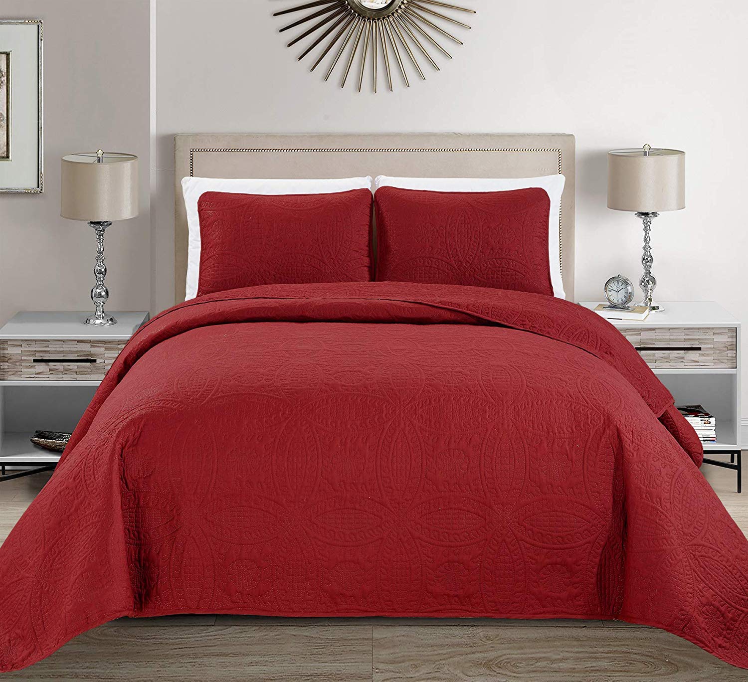 Mk Home Mk Collection 3Pc King/California King Solid Embossed Bedspread Bed Cover Over Size Red 118' X 106' New