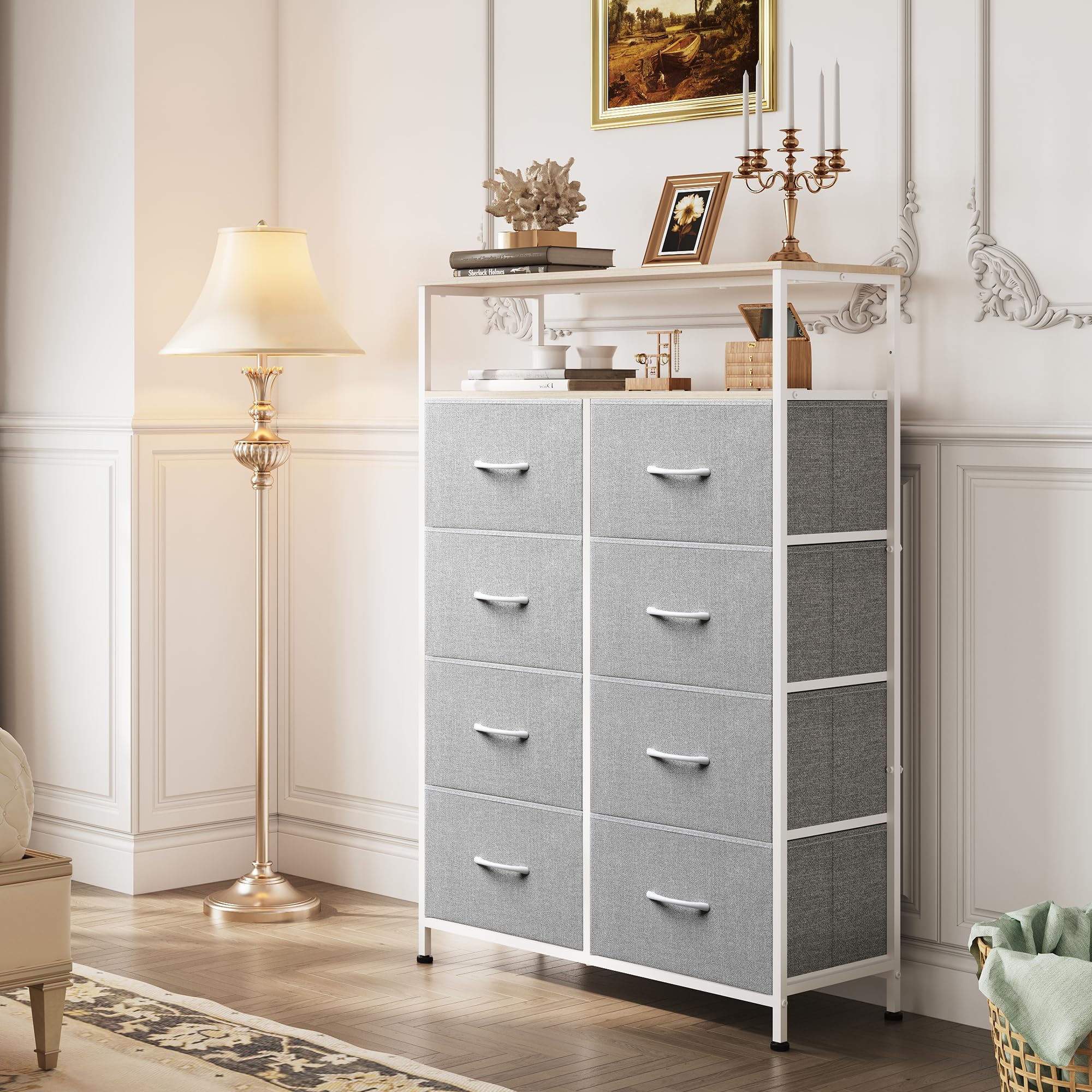 Wlive Fabric Dresser For Bedroom With Open Shelves, Tall Dresser With 8 Drawers, Storage Tower With Fabric Bins, Chest Of Drawers For Closet, Living Room, Hallway, Light Gray