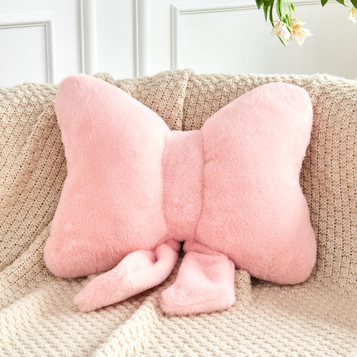 Xvtru Pink Bow Pillow, Soft Bow Decorative Pillows With Faux Rabbit Fur, Cute 16' Bow Throw Pillows, Aesthetic Home Decor Bow S