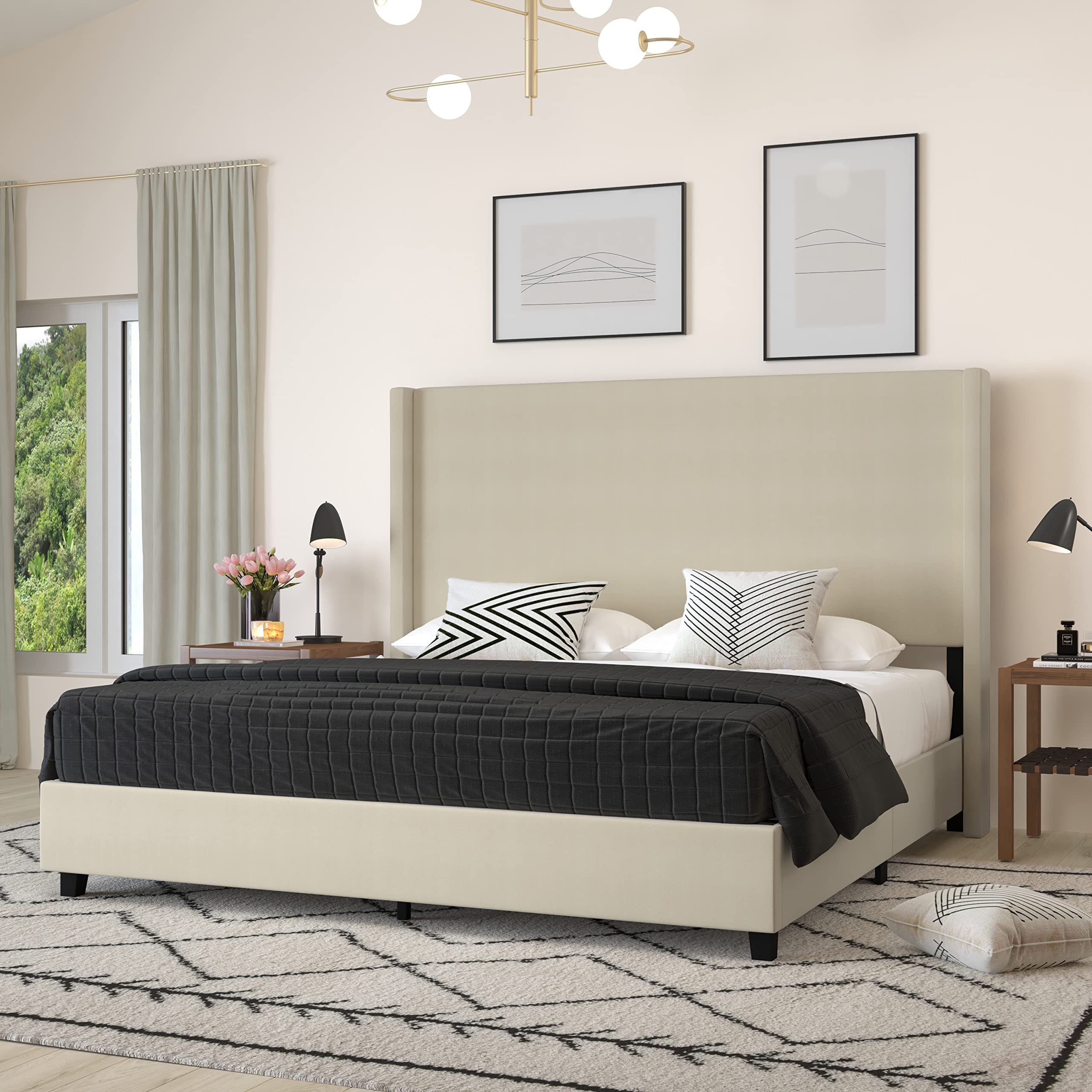 Merrick Lane Bramlett Modern Platform Bed - Beige Faux Linen - King - Padded Wingback Headboard - 3 Floor Clearance - Wood Suppo
