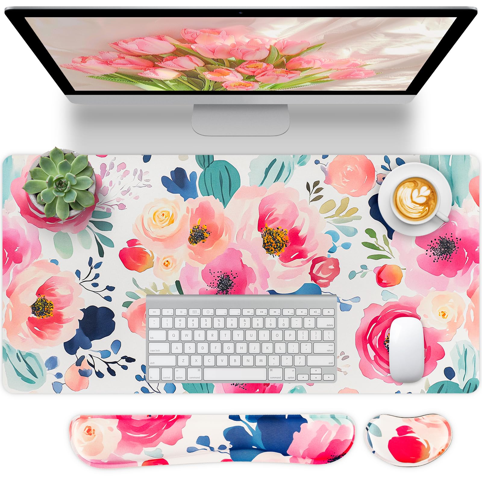 Bloss Flower Desk Mat + Wrist Rest, Leather Desk Pad+Foam Rest, Desk Matt for Desktop, Waterproof Desk Pad Mat for Office/Home/D