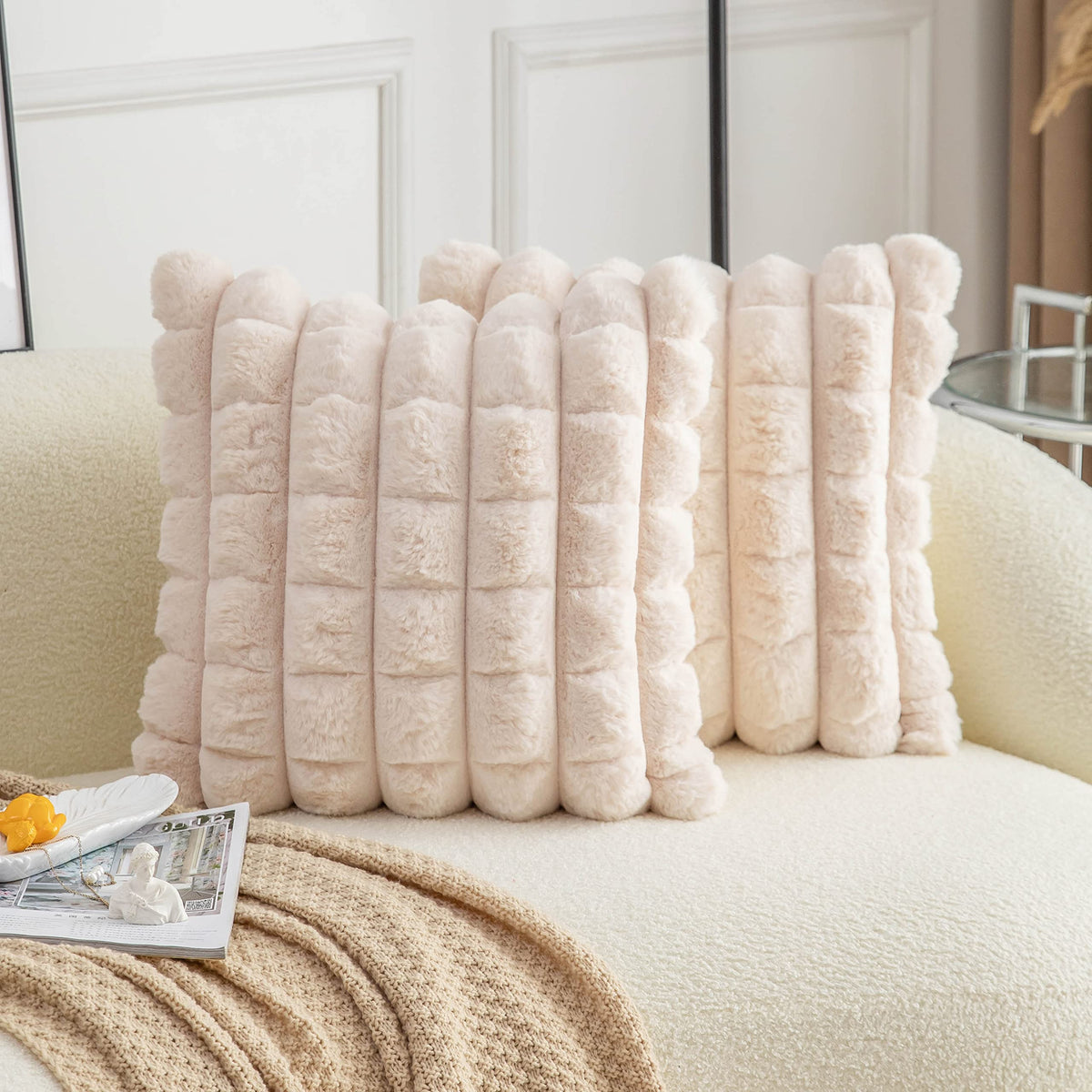 Neelvin Beige Faux Fur Cozy Soft Plaid Decorative Throw Pillow Covers 22X22 Inch Set Of 2,Velvet Pillowcase Cushion Case For Sof